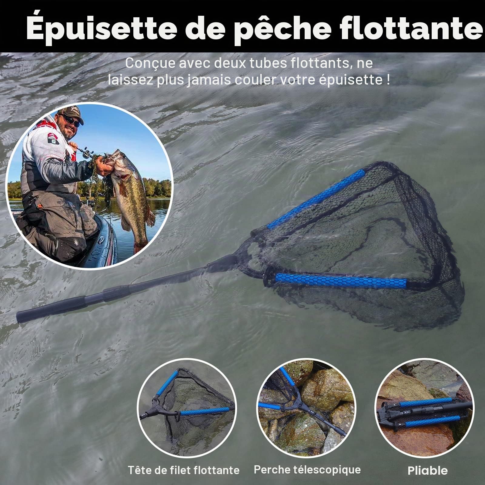 PLUSINNO Filet de pêche flottant avec revêtement en caoutchouc - Facile à attraper et à démouler - Filet de pêche télescopique pliable pour eau douce ou salée