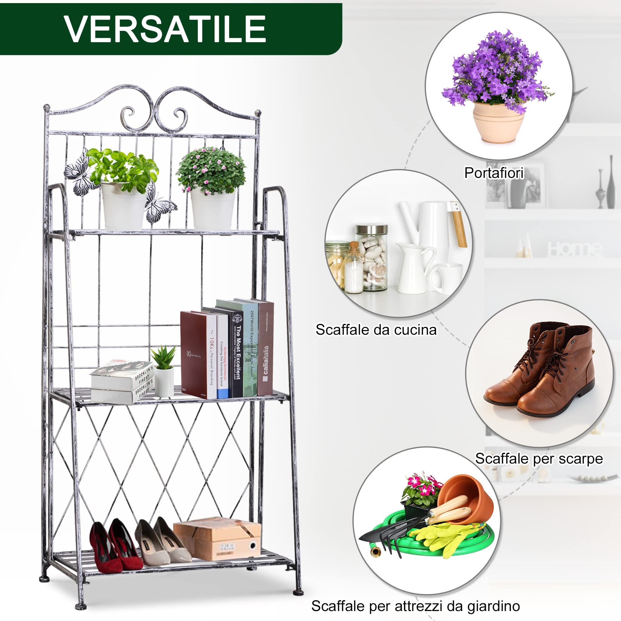 Fioriera 3 Ripiani Pieghevole Porta Piante Esterno 44x25x96 cm Argento | Balcone, Giardino, Metallo