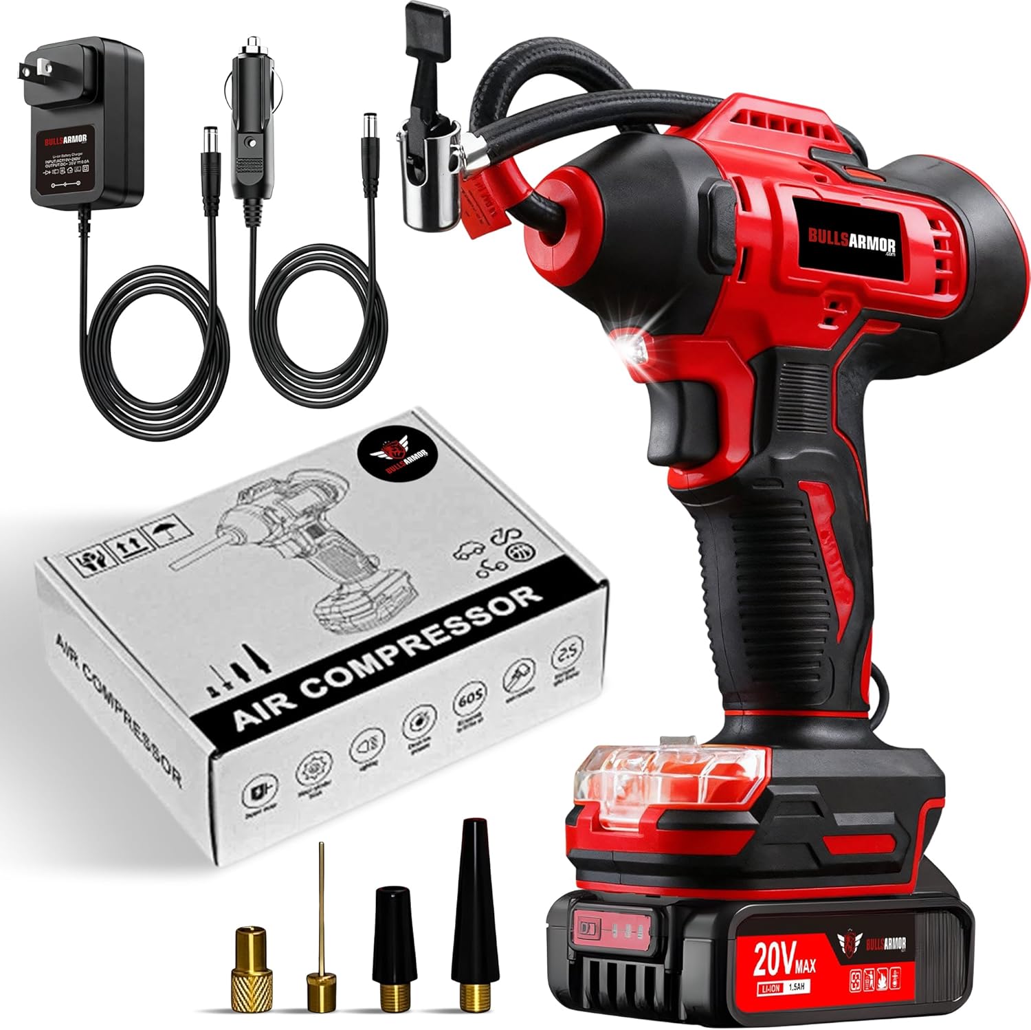 Cordless Air Pump Inflator Kit, Portable Handheld Tire Air Compressor 150PSI, Includes Rechargeable Battery 20V, 12V DC Car Adapter, Digital Pressure Gauge for Car Tires Motorcycle & Truck