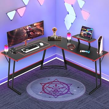 L Shaped Gaming Desk with Large Desktop & Storage Space - Ideal for Studying, Working, and Gaming - Adjustable Feet & Optional Tray Table Installation Black