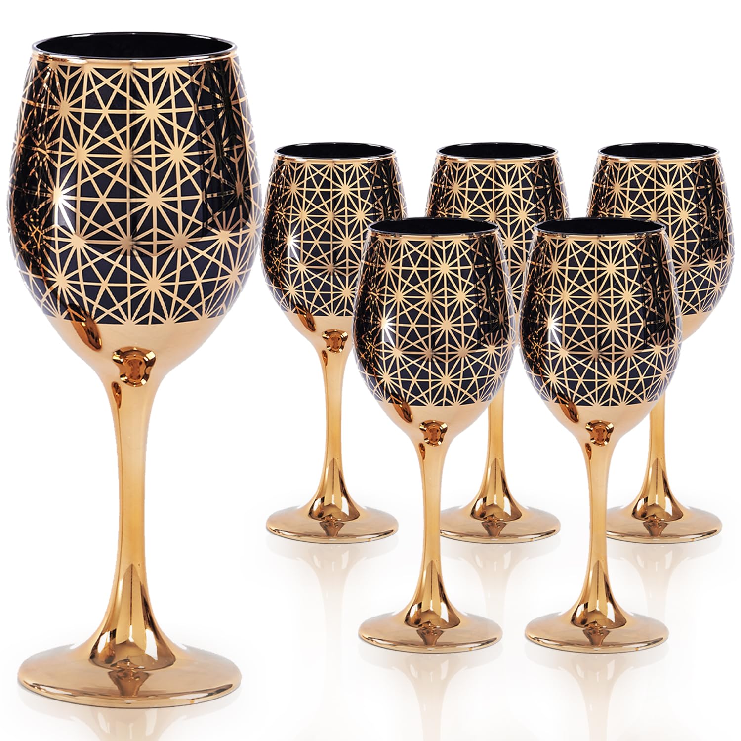 Weingläser Set (Schwarz/Rot/Blau mit Gold) – Dekorative Becher mit Farbstiel & Rand, 355ml (12oz) – Ideal als Geschenk für Hochzeit, Thanksgiving, Geburtstag, Weihnachten (6, Schwarz, 350ml)