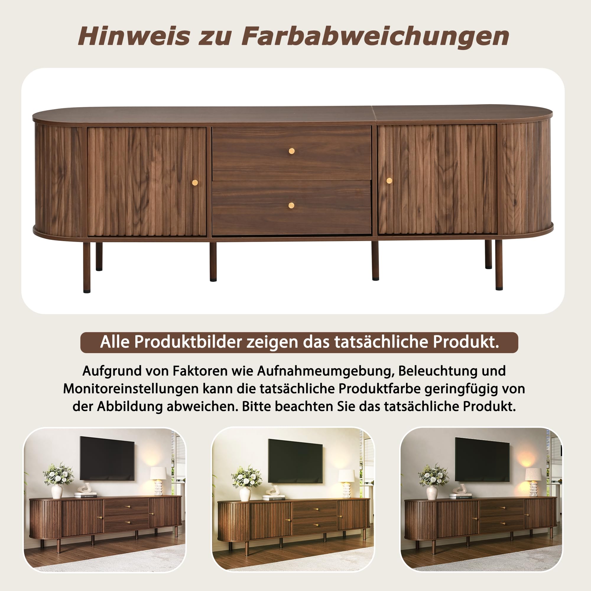 180 cm TV Schrank, Ovaler Lowboard mit Schiebetüren für Wohnzimmer | TV Bänke 180x40x58cm, Ovaler Schrank mit Schiebetüren und 2 Schubladen, TV-Möbel in Holzoptik