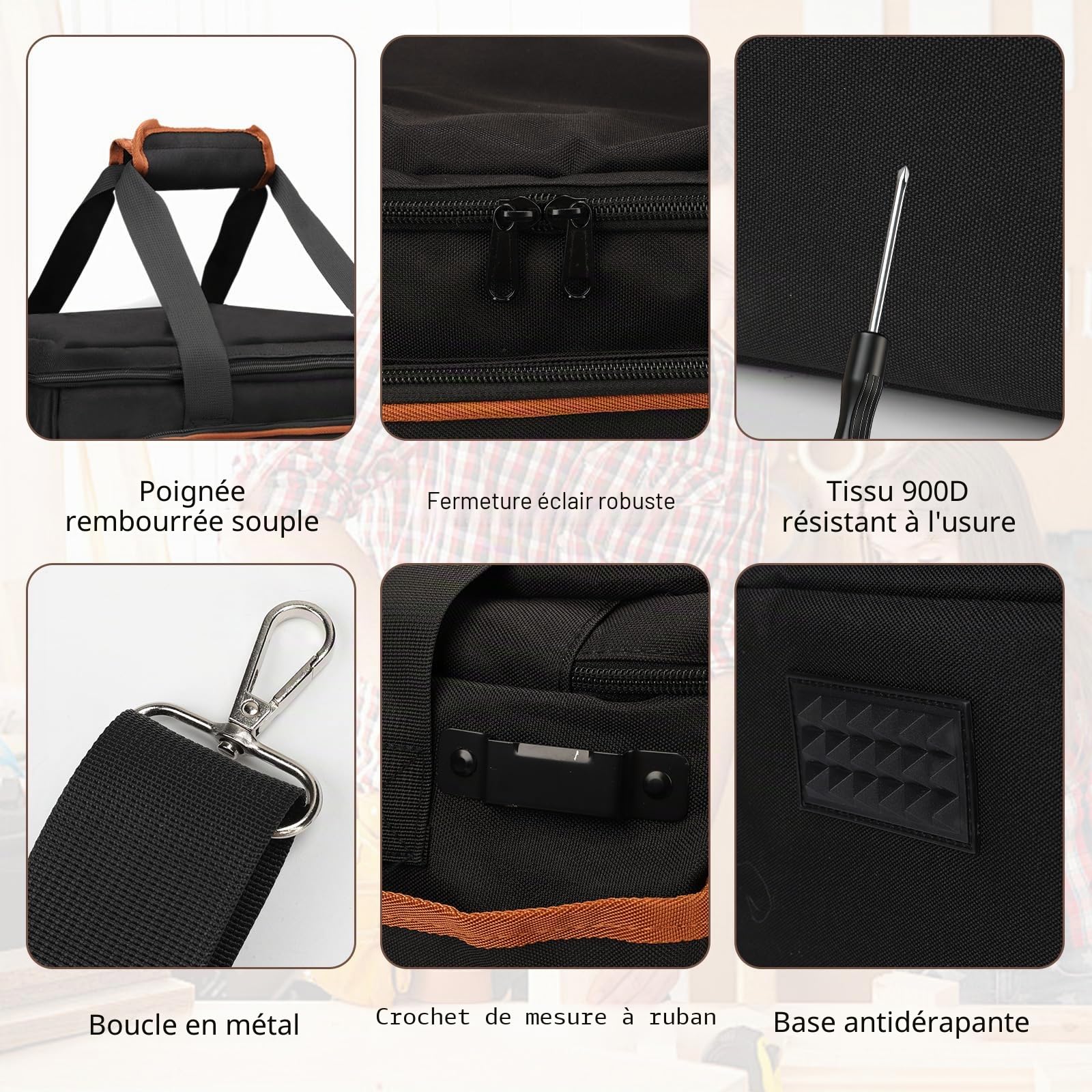 BigKing 17" Sac à outils pour homme avec poches multiples, sac à outils électricien, tissu Oxford 900D, avec fond antidérapant, organisateur porte-outils pour électriciens, menuisier