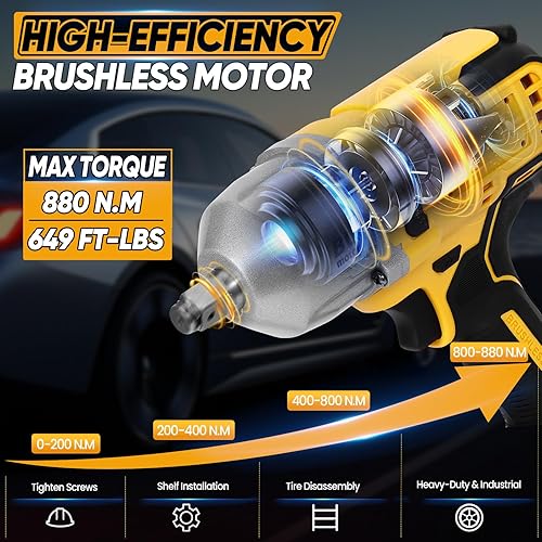 Miniatura 3 de Cordless Impact Wrench - 880N·m Brushless Motor for DeWalt 20V Compatible, 32-PC Kit, Auto-Stop Reverse, LED Light for Tire Removal, Rusted Bolts,