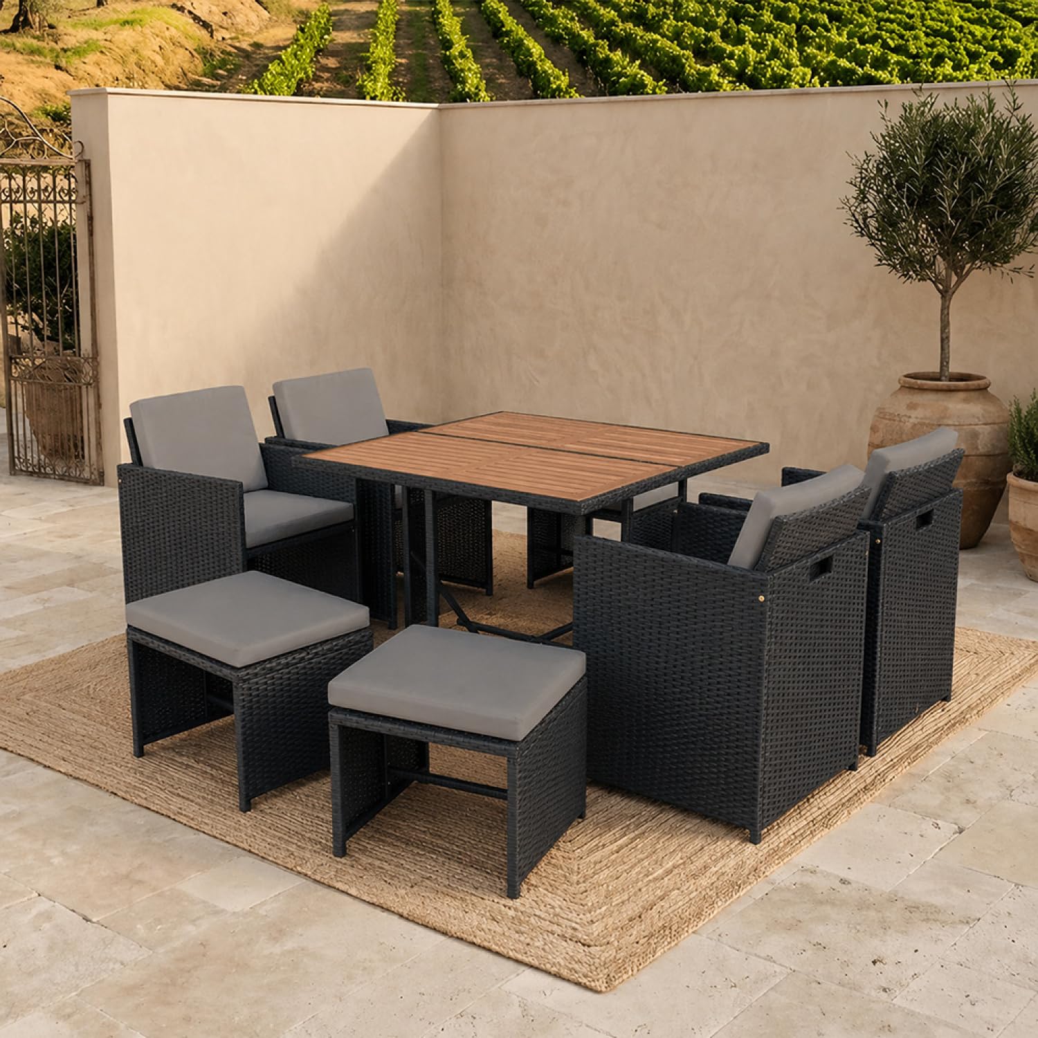 CONCEPT USINE Salon de Jardin Encastrable Toledo 8 Places Noir et Gris