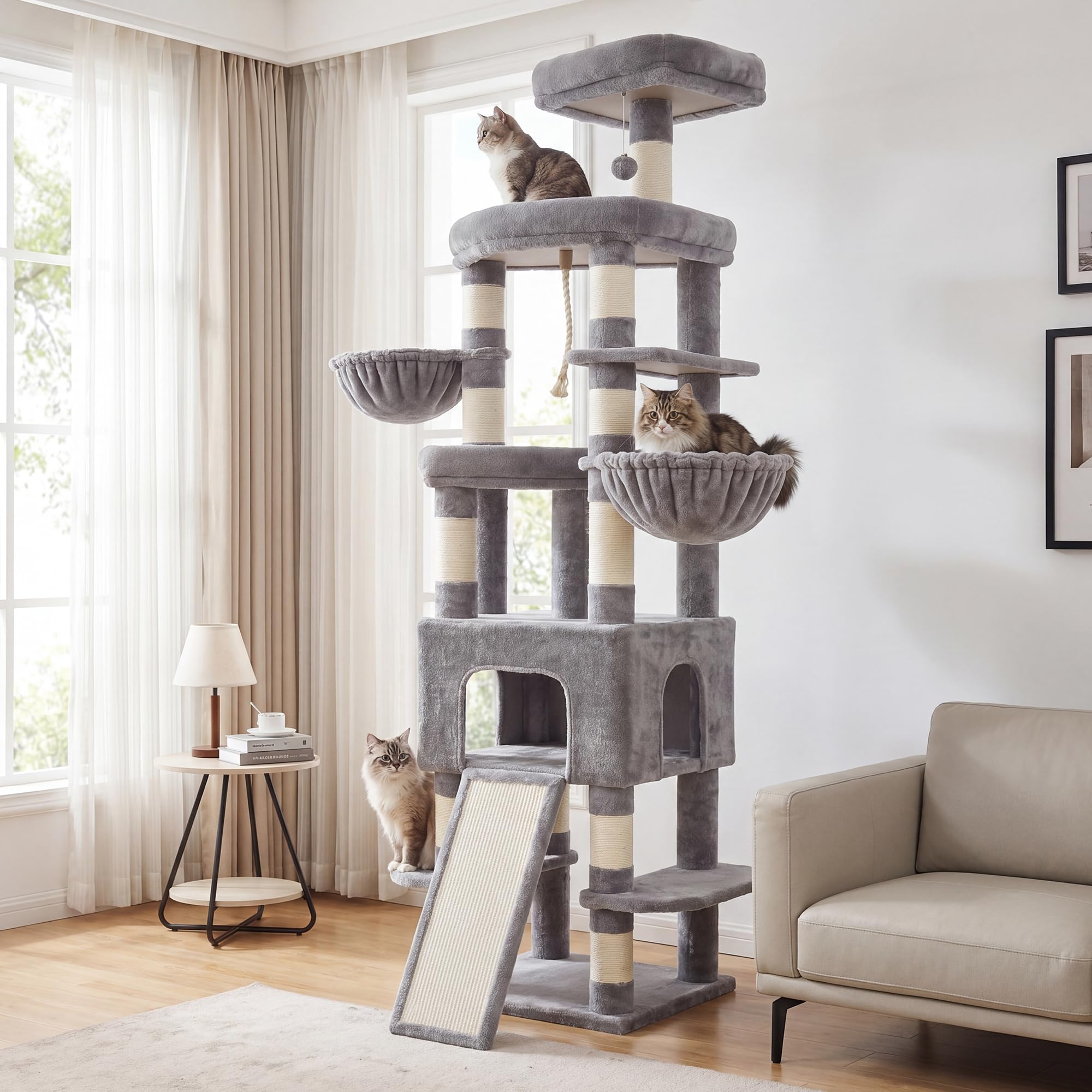 Heybly Árbol para Gatos XXL 210 cm, Torre Rascador Alta para Gatos Grandes de Interior, Condominio con 2 Cestas, Cueva, Plataformas y Tabla de Sisal, Gris Claro HCT063W