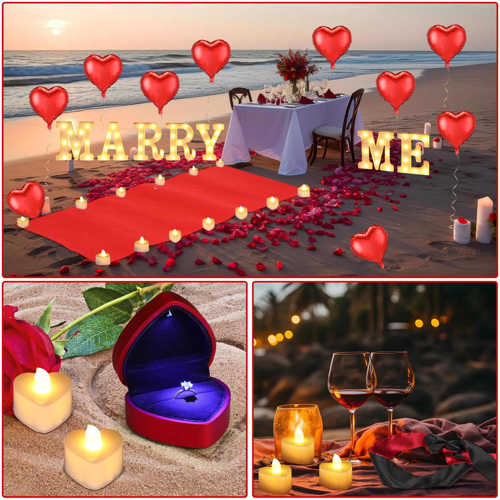 Aurelema Zestaw dekoracji oświadczyn Marry Me Light up Letters 6000 płatków róży, 72 romantyczne świece w kształcie serca, 10 balonów, dywan, czerwona wstążka, 1 pudełko na pierścionki, maska na oczy