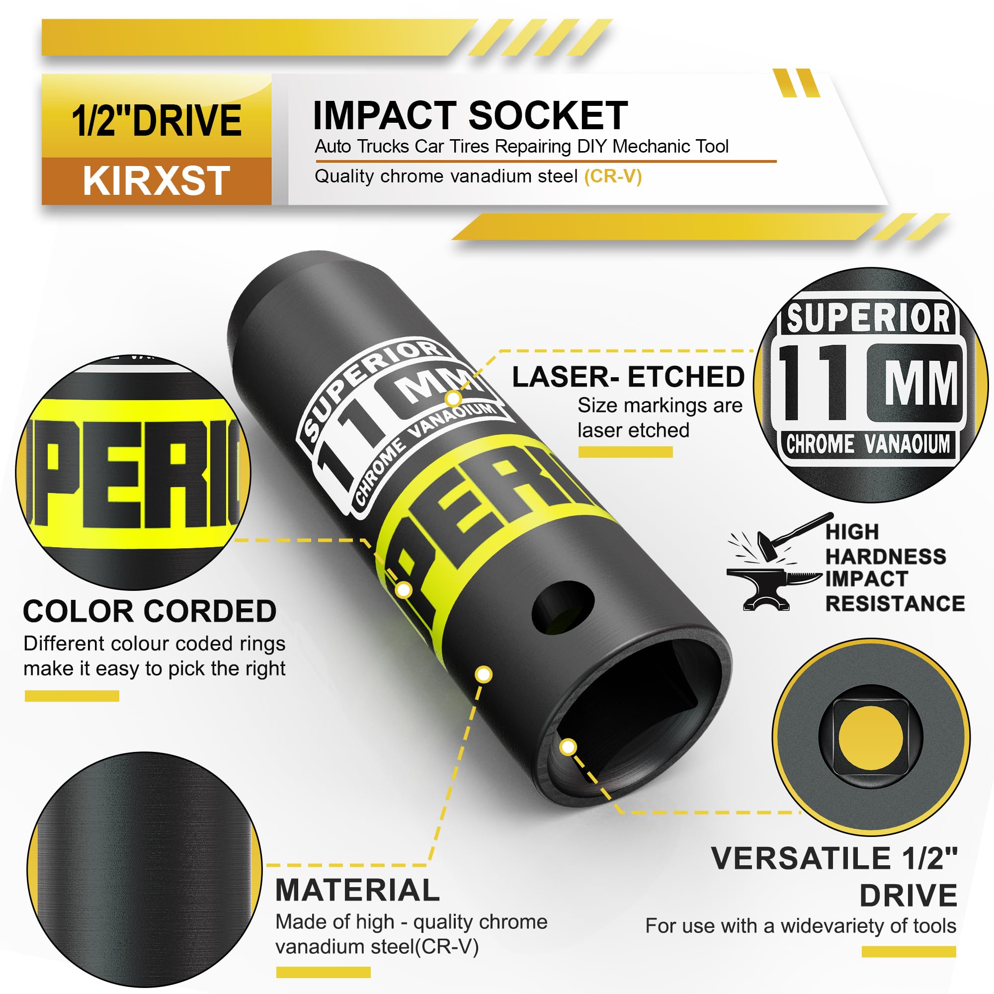 KIRXST 1/2" Drive 11mm Deep Impact Socket, 6 Point CR-V Deep Socket, 78mm Length, Auto Trucks Car Tires Repairing DIY Mechanic Tool - Image 4