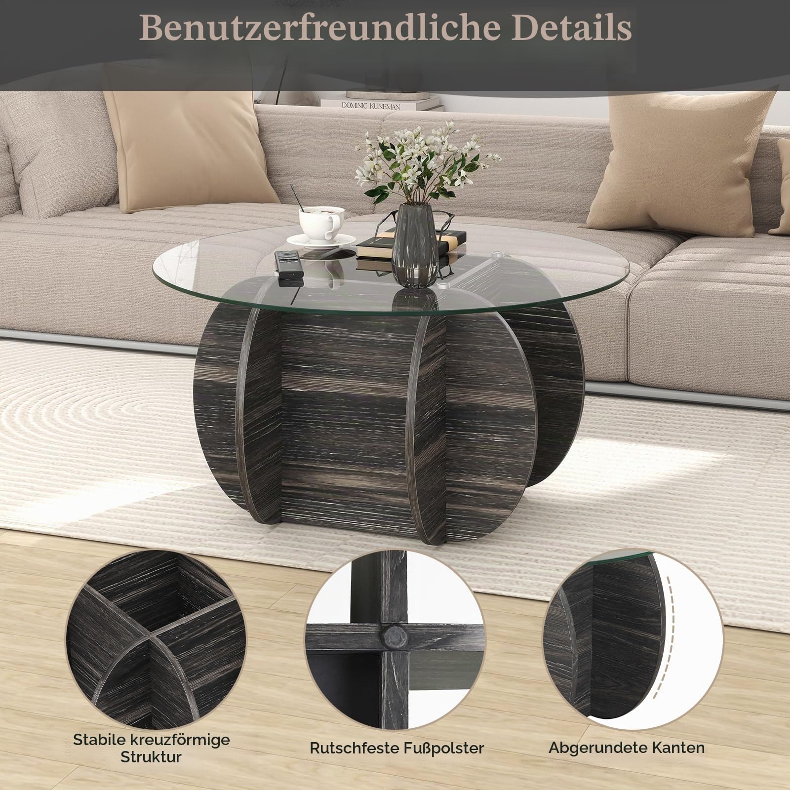 LIFEZEAL Runder Couchtisch Glas, Wohnzimmertisch mit Glasplatte, Moderner Beistelltisch mit Holzbeinen, Dekorativer Sofatisch für kleine Räume, Büro, Zuhause (Schwarz, 89 x 46 cm)