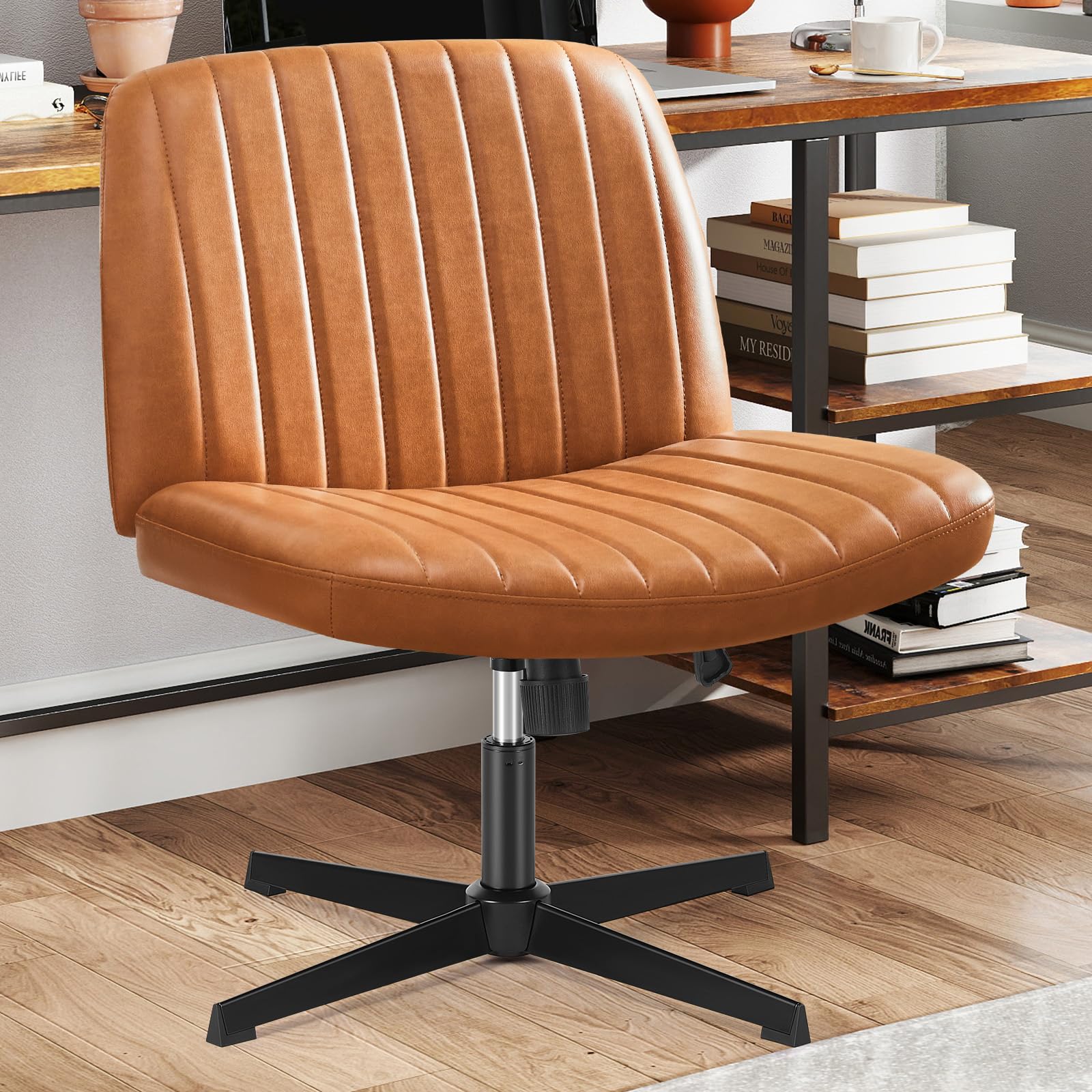Sweetcrispy Criss Cross Chair Legged Armless Office Swivel Desk Chair No Wheels Vanity Height Adjustable Wide Seat Faux