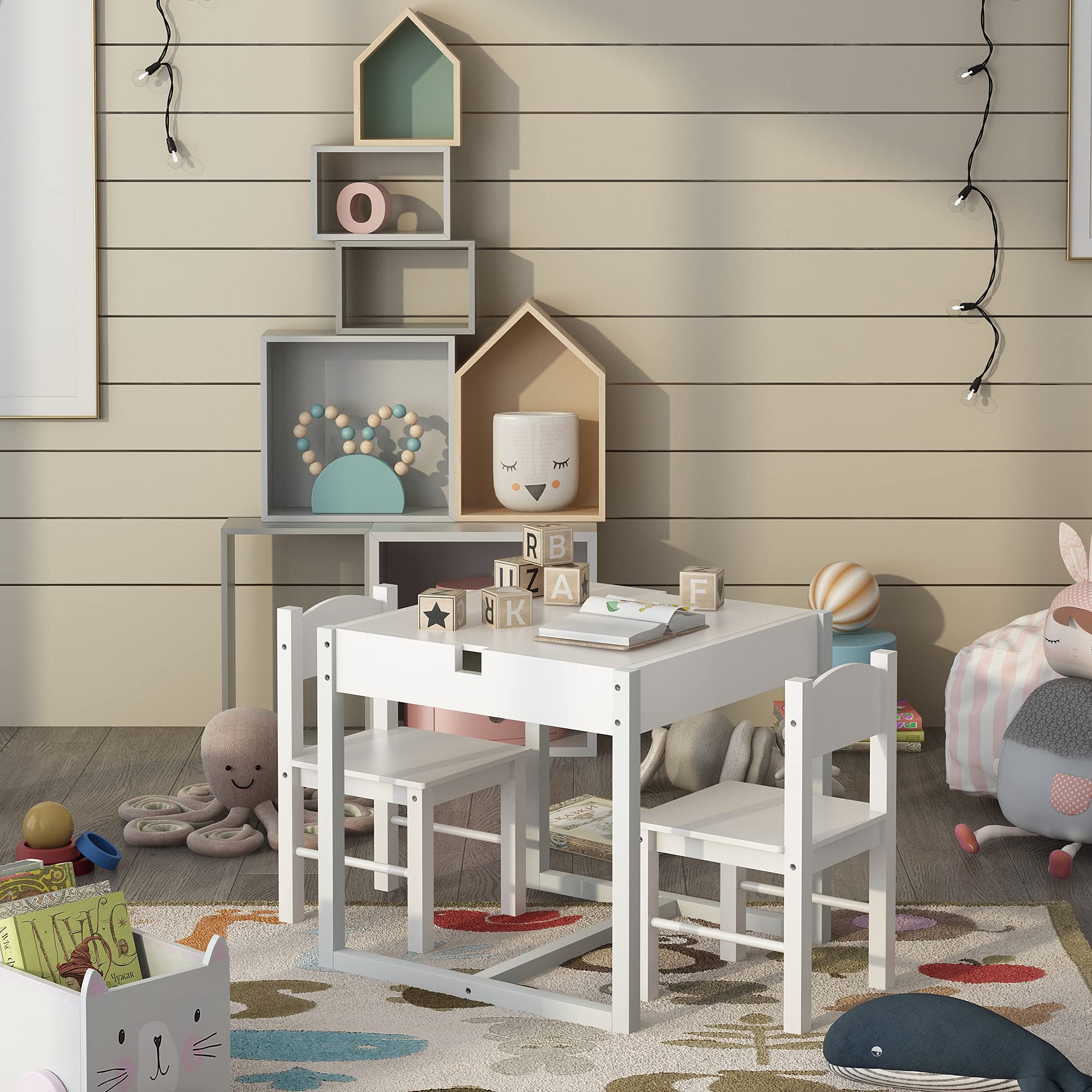 Juego de mesa para niños 3 en 1 para 2, mesa y sillas para niños, mesa de actividades para niños pequeños con almacenamiento oculto, escritorio de madera para edades de 3 a 7 años, color blanco y 3