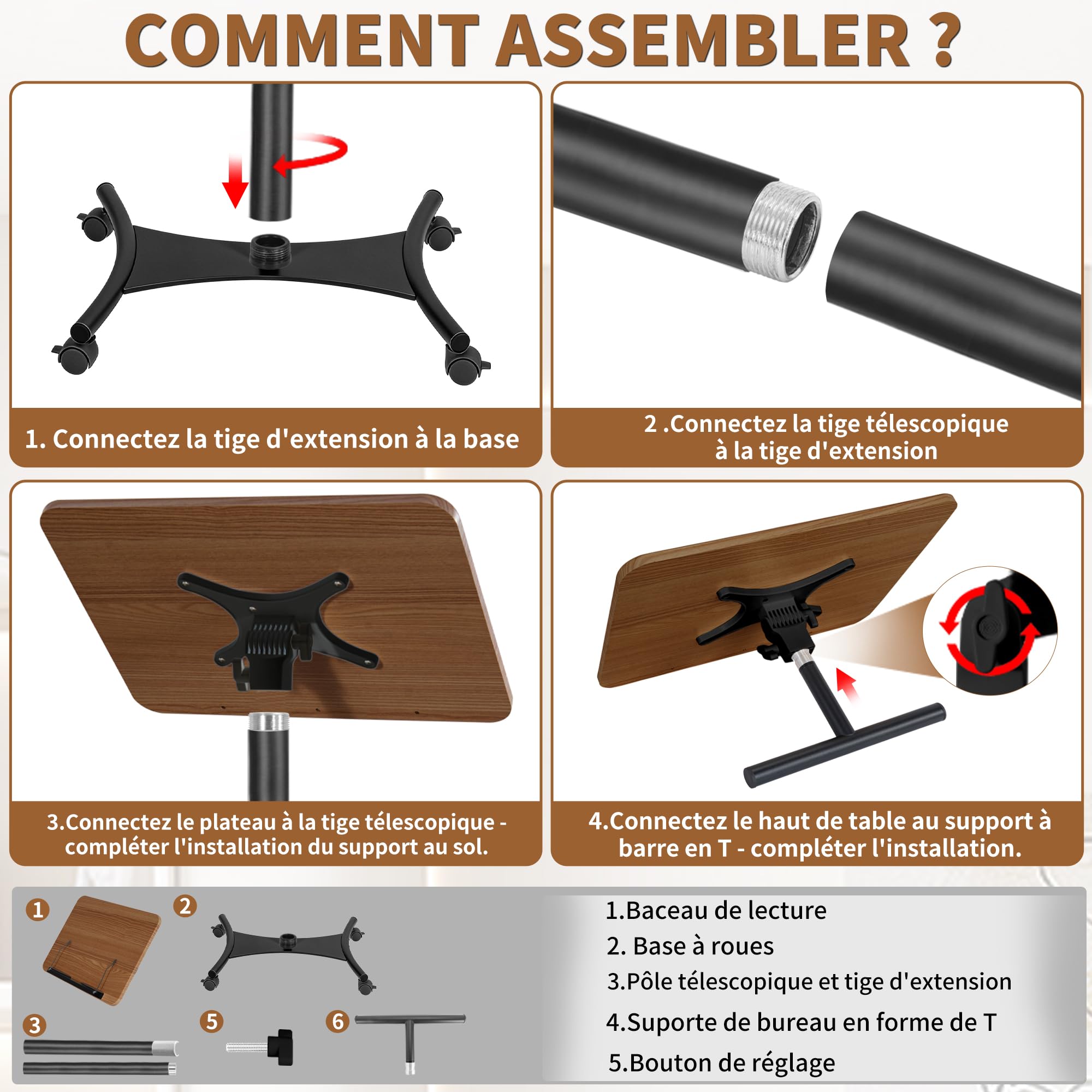 Support de Livre Réglable en Hauteur de 50 à 130CM pour Sol et Bureau, Support de Livre pour Lecture, Ordinateur Portable, Tablette, Recettes, Partitions (Noir)