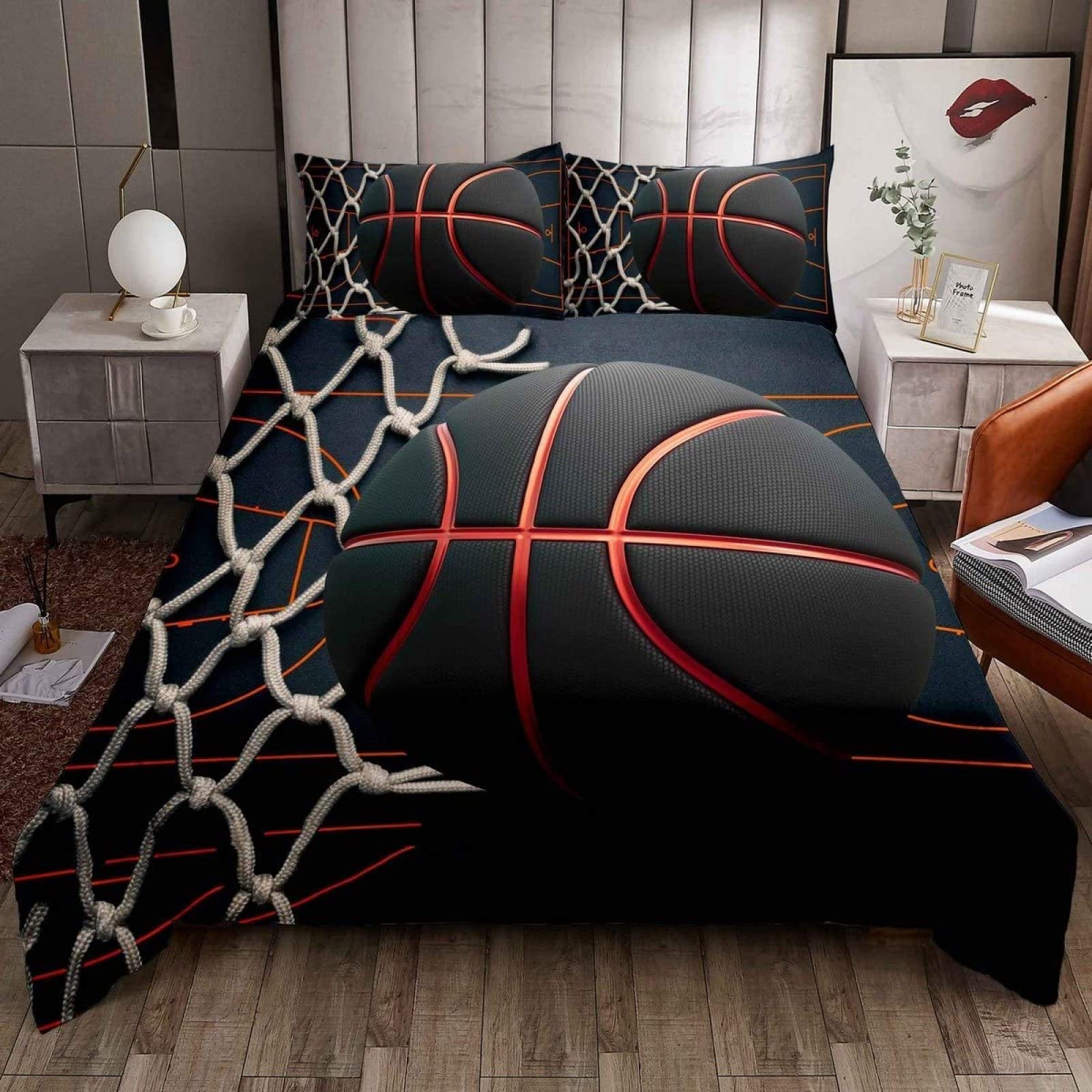 Fundas Nordicas Cama 90 Juvenil Baloncesto, Juego de Ropa de Cama Juvenil Microfibra, Funda Edredon 150x200 cm con Cremallera y 1 Funda de Almohada 50x75 cm