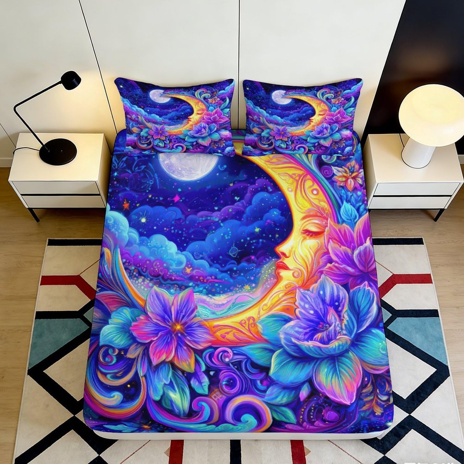 3D Printed Dreamy Moon Fitted Sheet Microfiber Artistic Floral Bed Cover for Bedroom Dorm Mattress Protection Decor 90x200x25cm