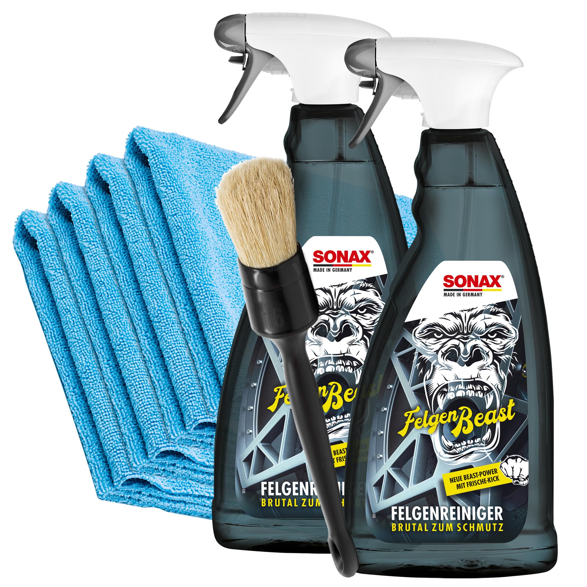detailmate SONAX FelgenBeast 1L Set Deluxe: 2X Felgenreiniger mit Wirkindikator zur schonenden Felgenreinigung + ValetPRO Reinigungspinsel + 4 Mikrofasertücher 320 GSM
