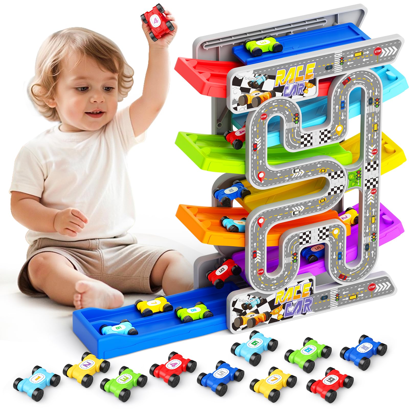 aotipol Toddler Toys for 2 3 Year Old Boy Girl, Double-Track Car Ramp Toy with Pull-Out Parking Lots & 10 Mini Cars, Montessori Toy Birthday Gift for Toddlers Boys Girls Age 18+ Month Old, New Track