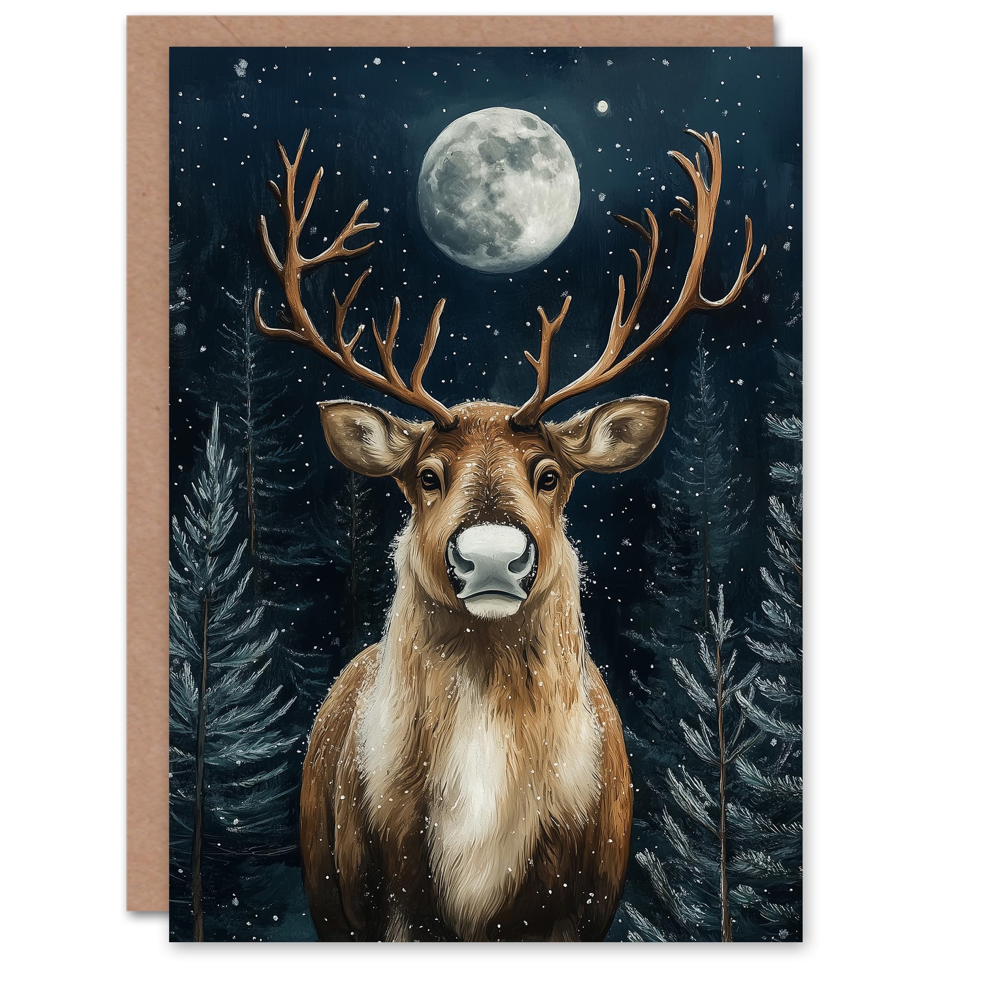 Pine Tree Reindeer Winter Moon Snow Christmas Fun Gift Festive Xmas Card