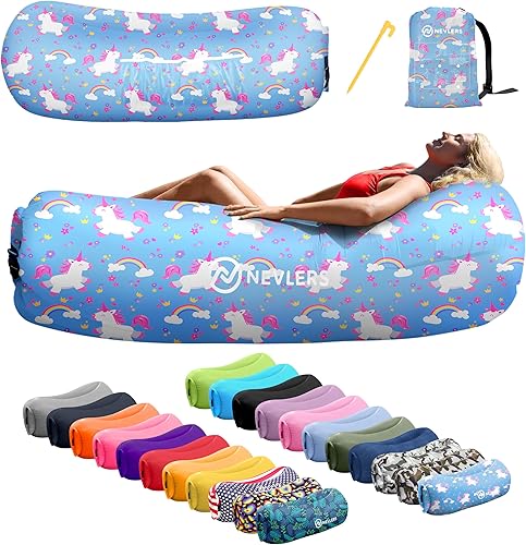 Miniatura 15 de Nevlers Tumbona inflable negra y azul, paquete de 2 unidades, juego de sofá inflable de poliéster 210T, sofá inflable sin bomba, muebles de exterior