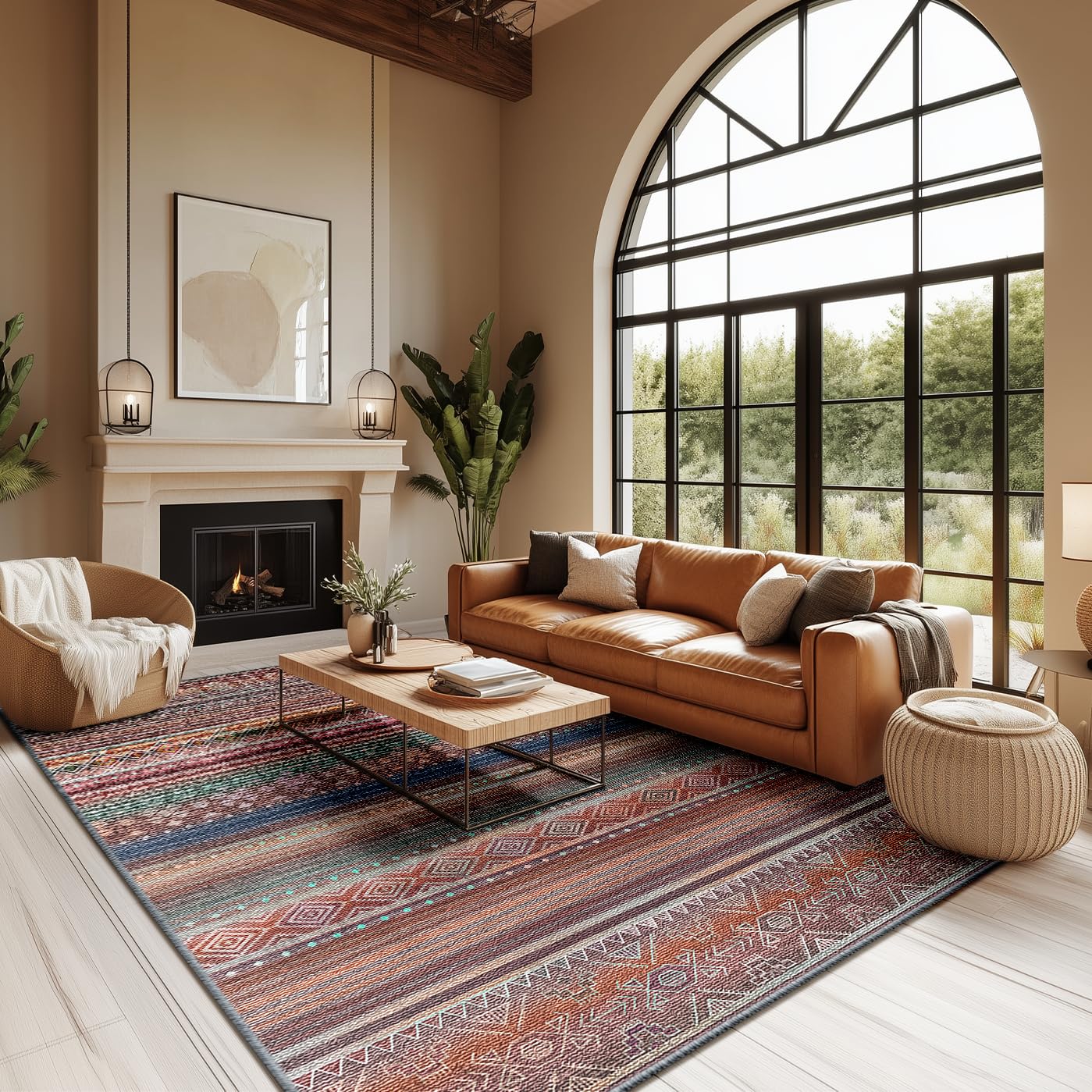 BESTSWEETIE 8x10 Area Rug for Living Room Washable Rug Moroccan Farmhouse Neutral Geometric Soft Low Pile Non-Slip Water Repellent Rug for Dining Room Bedroom Colourful Brown