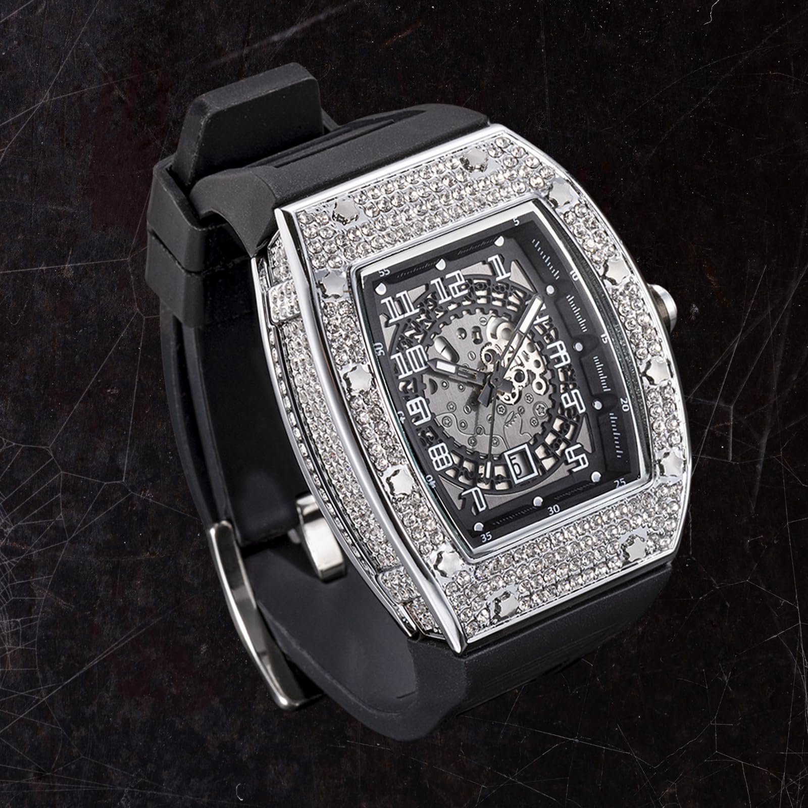 ICEDIAMOND Bling CZ Diamond Skeleton Barrel Dial Orologio al quarzo orologio da uomo con calendario giorno ghiacciato Hip Hop Fashion Watch, Nero-argento, Moda