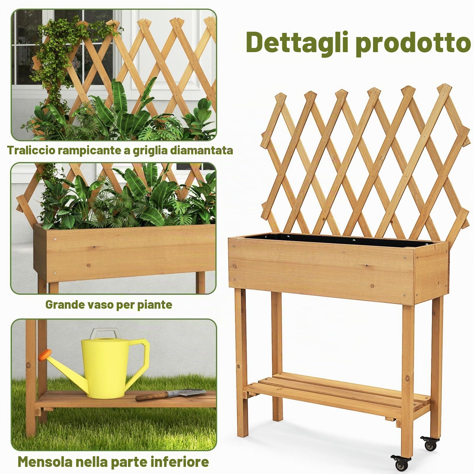 HOMASIS Orto Rialzato da Esterno con Ripiano, Fioriera Rialzata con Grigliato in Legno Massello, Fioriera con Spalliera con Ruote per Balcone, Giardino, Cortile, 90 x 29 x 129 cm, Naturale