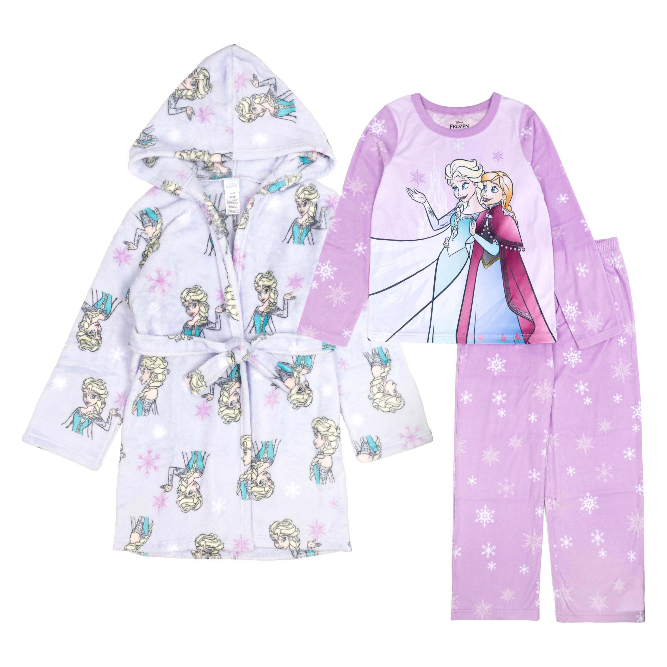 Disney Girls' 3-piece Bathrobe & Loose-fit Long-Sleeve Pajama Set, Soft & Cute for Kids