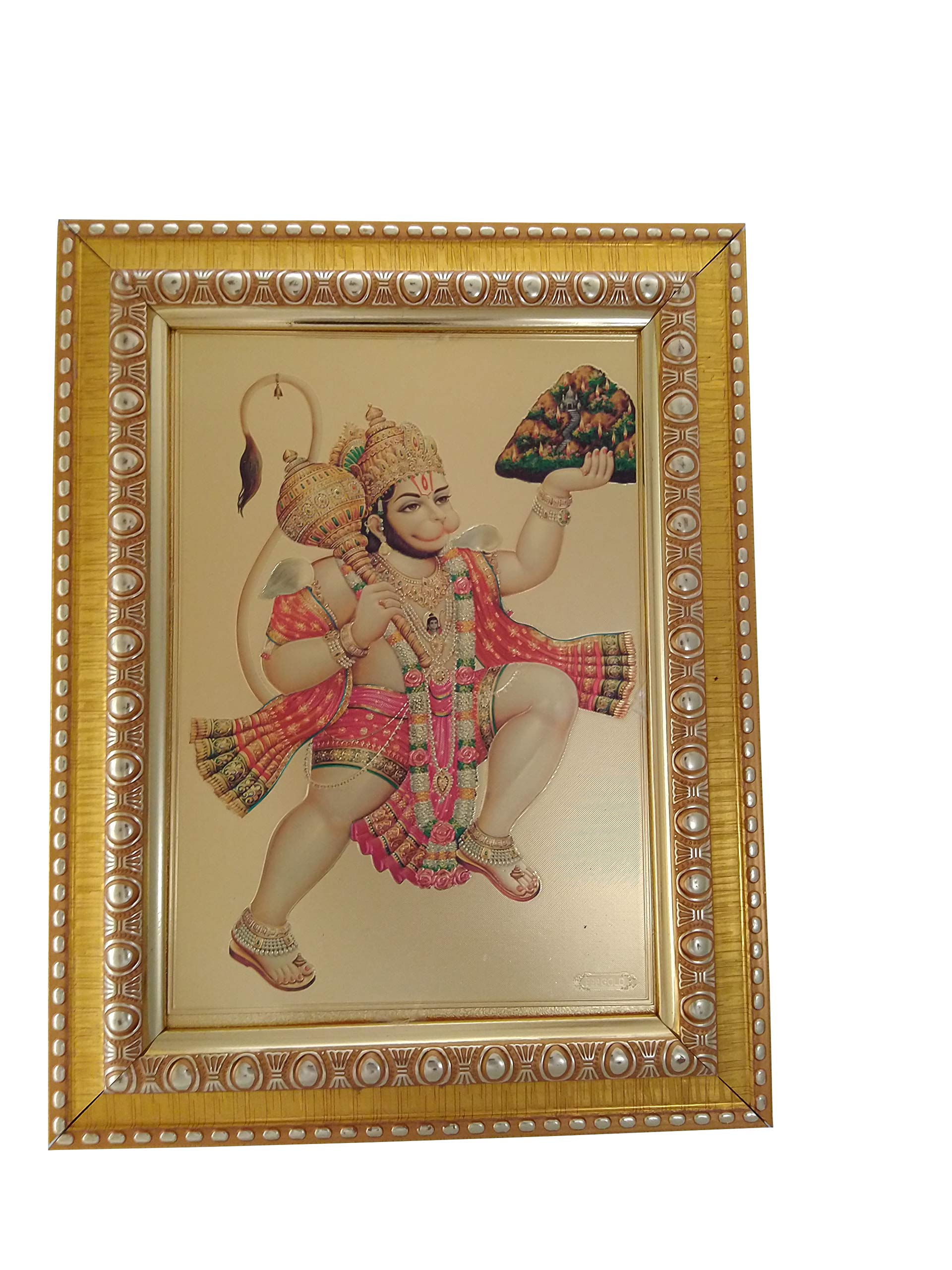 MYRA INCGolden Color Flying Hanuman Picture with Frame
