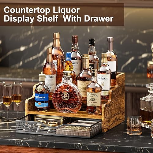 Miniatura 3 de Estante de exhibición de botellas de licor con cajón, estantes de barra de encimera de 3 escalones, organizador de jarabe de café, mini bar,
