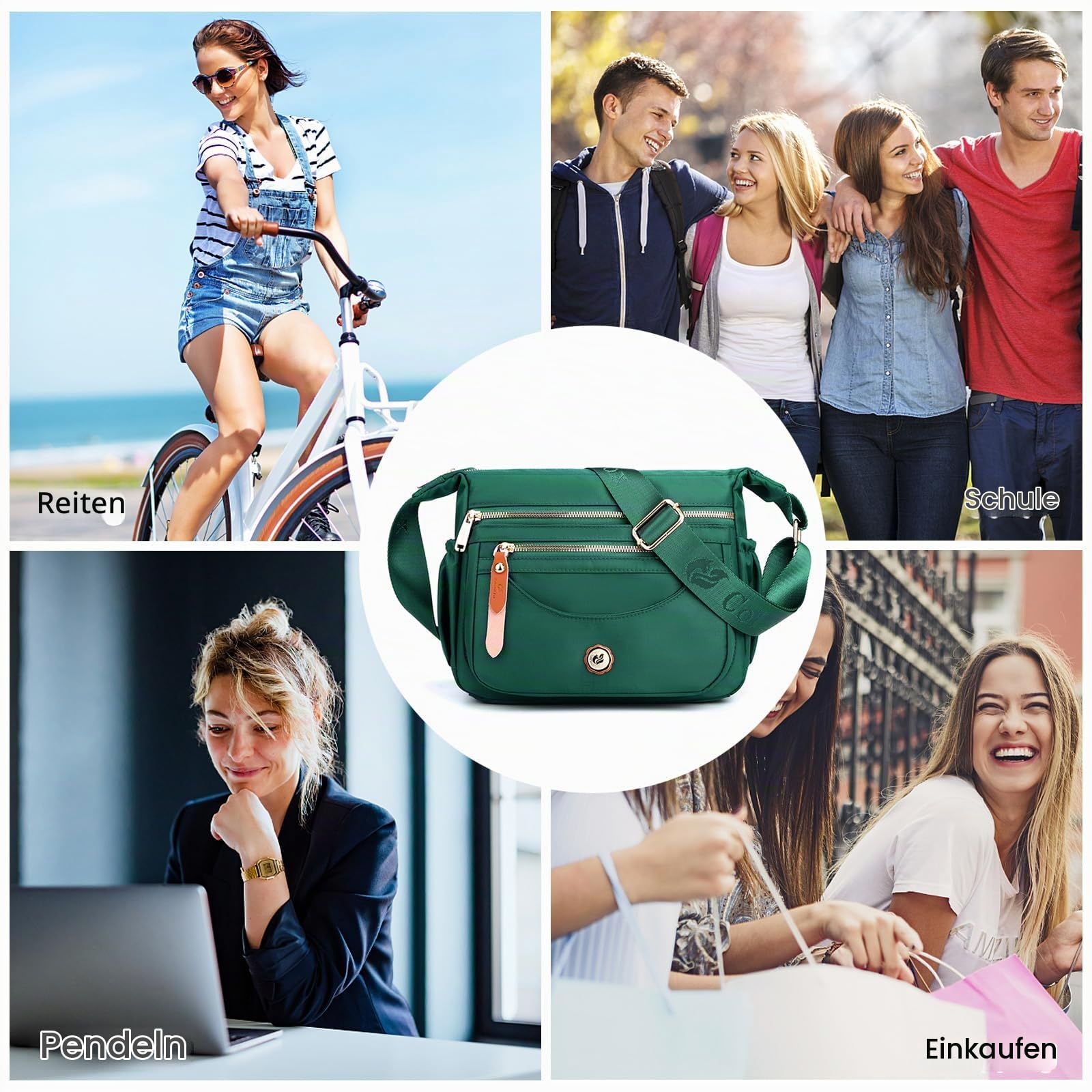 FANDARE Ultraleicht Damen Umhängetasche Nylon Schultertasche Handtaschen Elegant Umhängetasche mit verstellbarem breitem Riemen Frauen zum Umhängen Damentasche Multi-Tasche Messenger Bag Grün