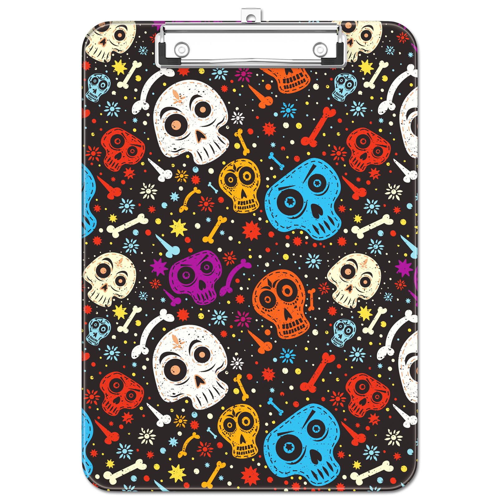 Luminzo Plastic Cute Clipboard, Low-Profile Metal Clip, A4 Letter Size 9 x 12.5 in, 8.5 x 11 Paper Clip Board for Teachers, Nurses, Classroom, Cute Skulls