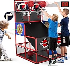 2 in 1 Dual Shot Basketball Arcade Game with 2 Dart Boards/Electronic Scoreboard/LED Light, Kids Basketball Hoop for Home Indoor Outdoor, Sport Toys for Boys Girls