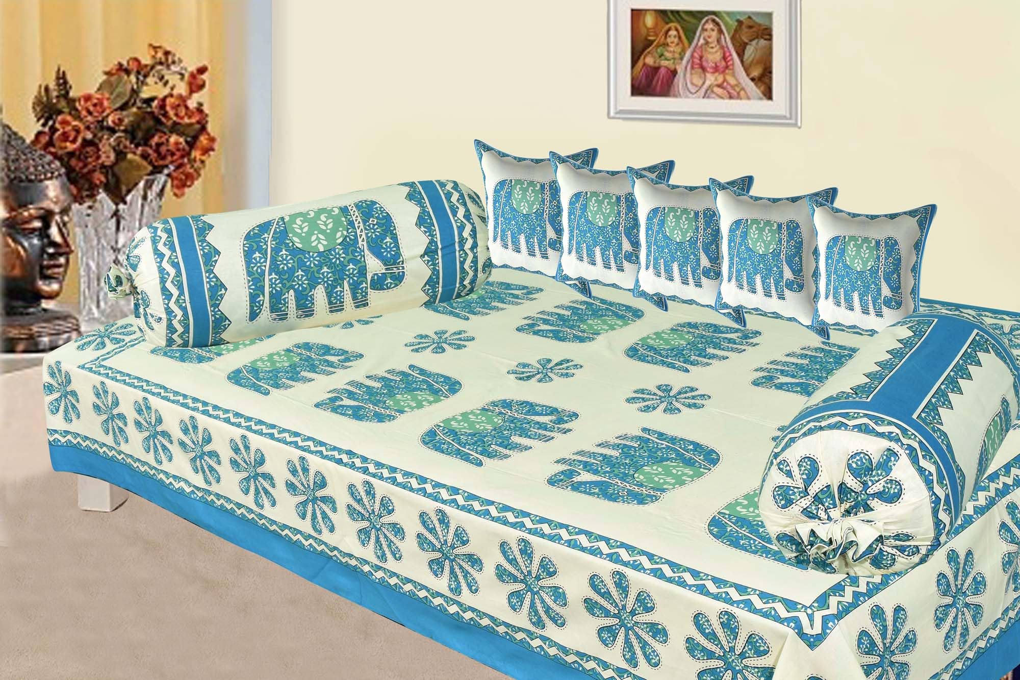 AMLEXTTRIZ Veda Cream Special Hathi Pure & Soft Cotton Diwan Cover Set |8 Pcs Set - 5 Cushion Cover,2 Bolster Cover,1 Bedsheet (SkyBlue)-image-39