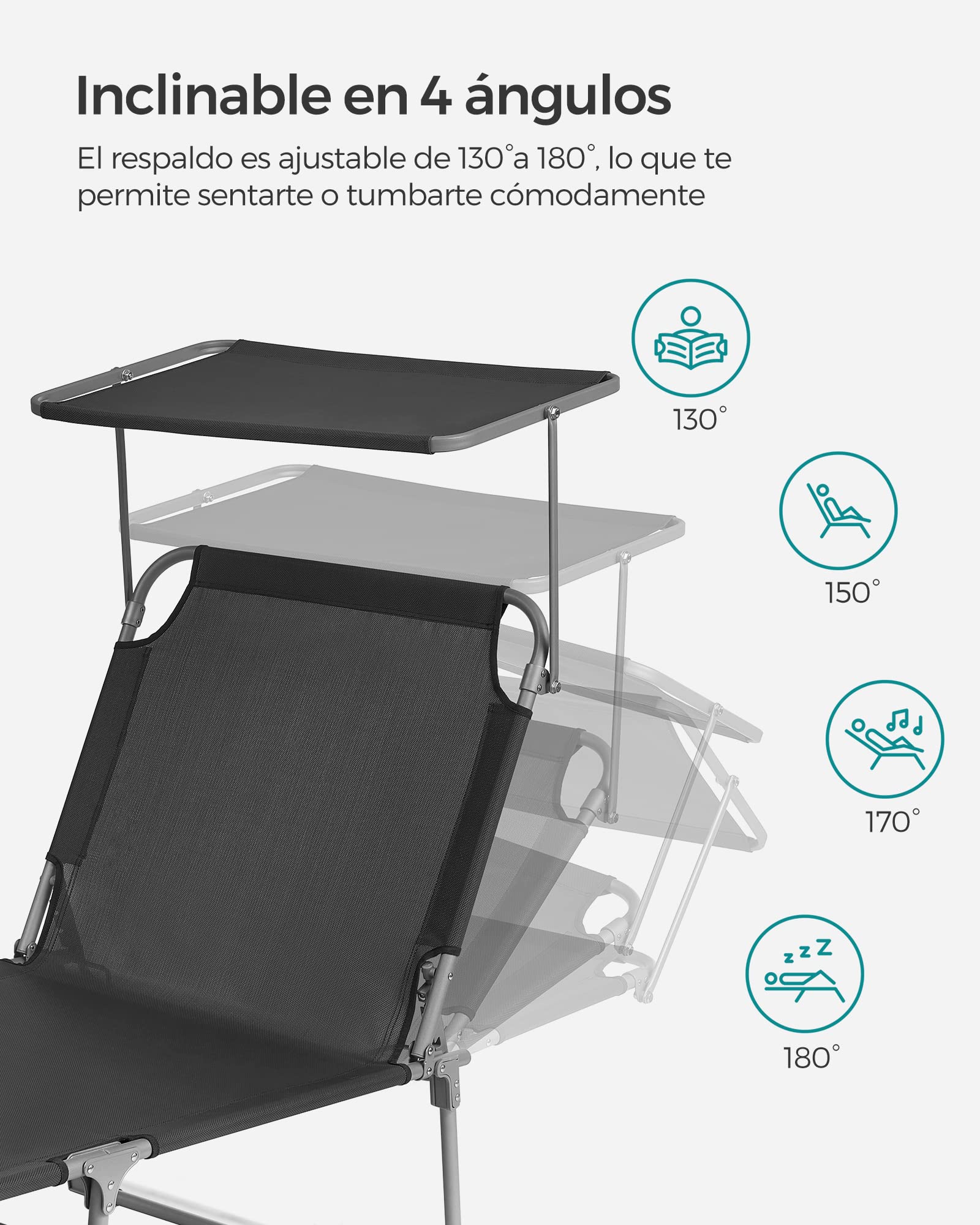 SONGMICS Tumbona Plegable Grande 200 x 71 x 38 cm, Capacidad de Carga 150 kg, con Parasol y Respaldo Ajustable, para jardín, Piscina, terraza, Gris Oscuro GCB22GYV2
