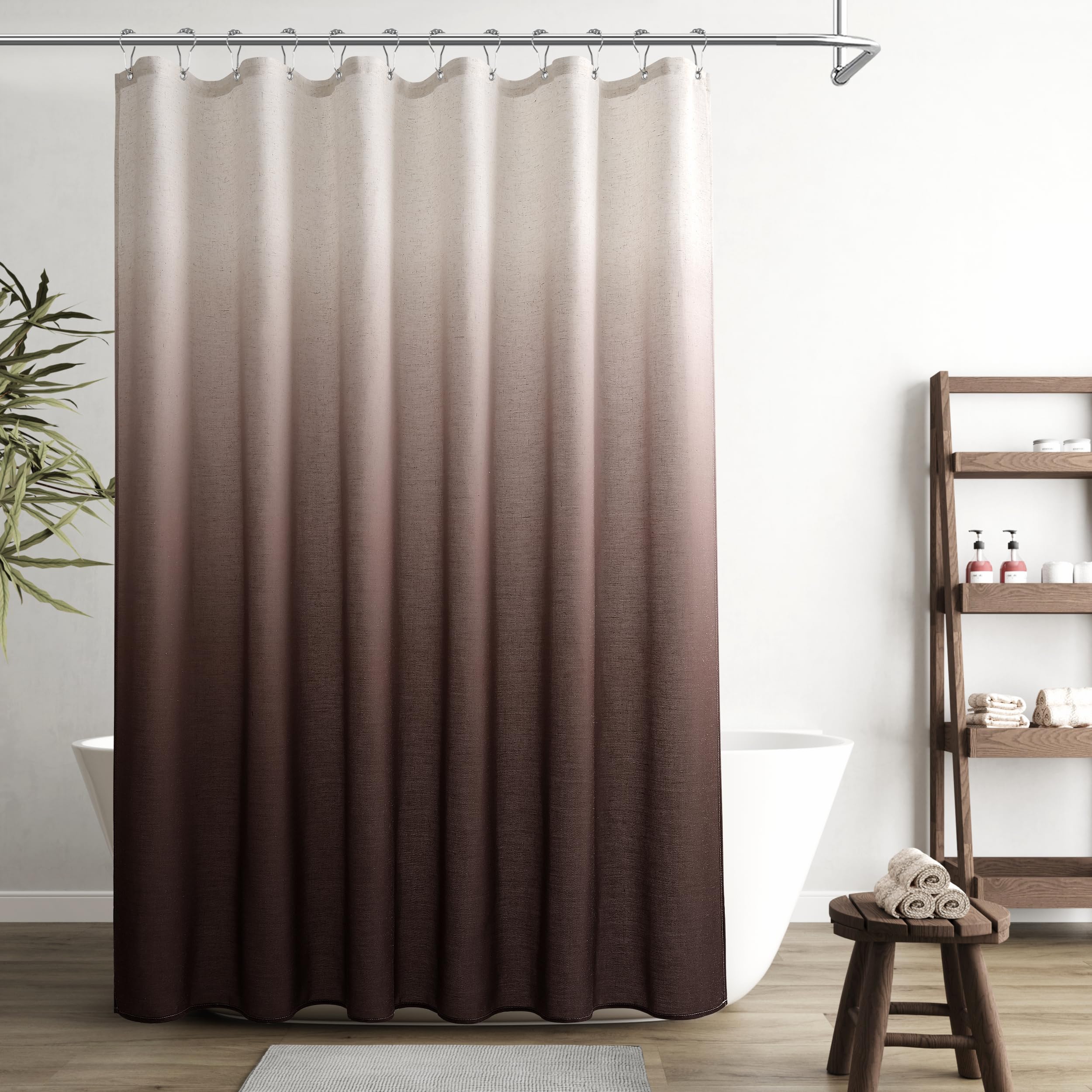 Ombre Brown Linen Shower Curtain, Rustic Boho Farmhouse Style Curtains for Bathroom, Cotton Blend Water Resistant Fabric Shower Curtain with Stainless