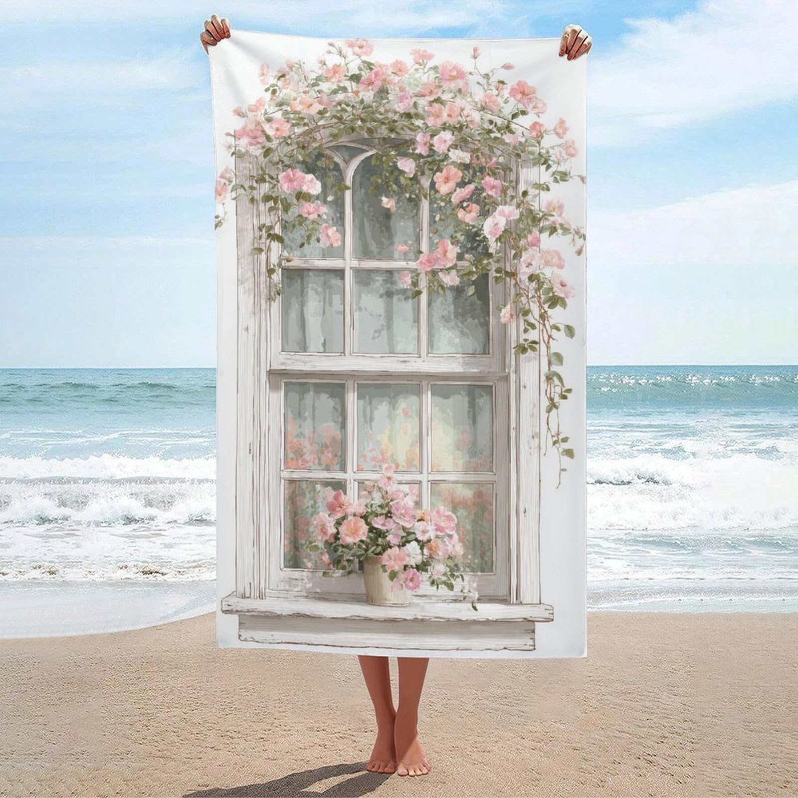 asbwuo Beautiful Window with Pale Pink Flowers Beach Towel