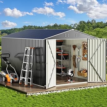 8x12 FT Outdoor Storage Shed, Large Metal Tool Sheds with Updated Frame Structure and Lockable Doors, Garden Shed for Backyard Garden Patio Lawn Grey, Gray, SS101