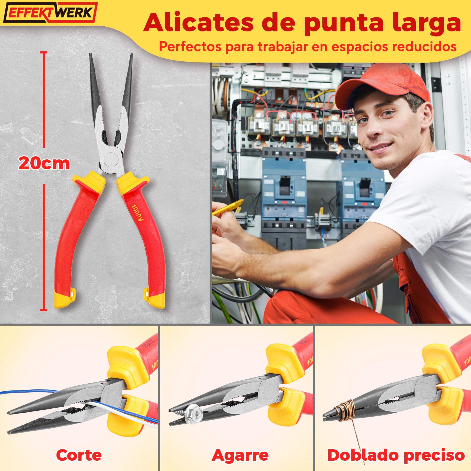 Juego de alicates para electricista de 3 piezas, aislados y probados por VDE, combinados, alicates de corte largos/de punta fina y laterales/alicates de corte diagonal