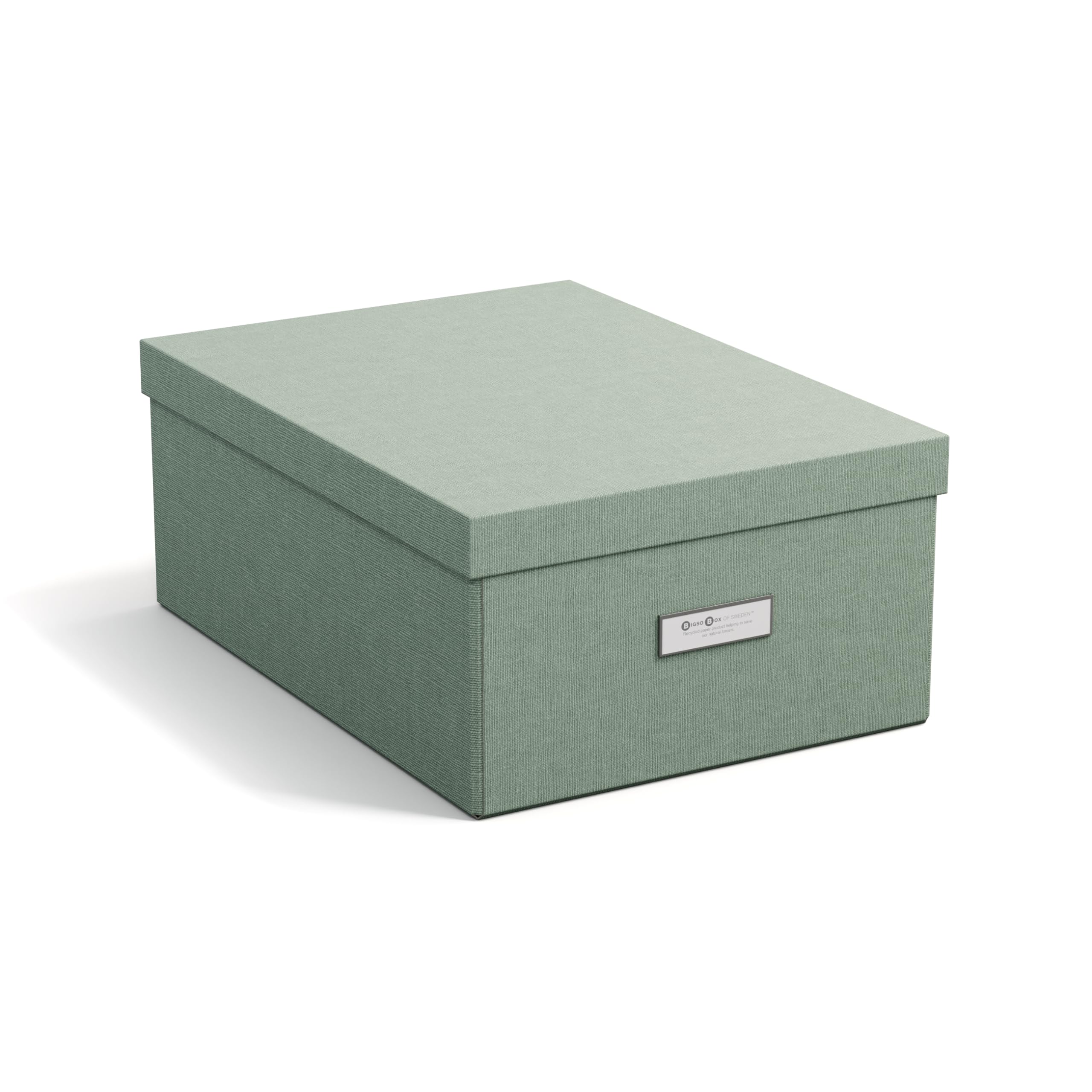 Bigso Box of Sweden KATIA Medium Storage Box with Lid - Sturdy Fibreboard and Linen Look Paper Organiser - Practical Folding Box with Label Frame - Mint Green