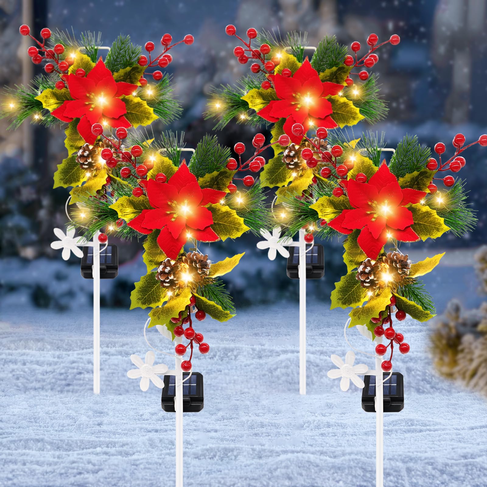 Lot de 4 décorations de Noël solaires d'extérieur – 81,3 cm – Lumières solaires sur piquet en forme de croix – Décorations de tombe étanches avec poinsettia, pommes de pin, baies rouges pour jardin,