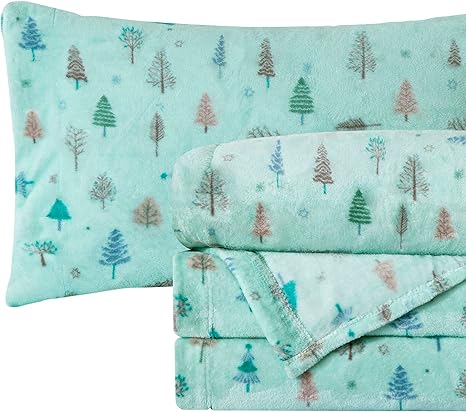 Elegant Comfort Luxuriously Soft 4-Piece Holiday Velvet Plush Flannel Sheet Set - Premium Quality - Cozy Warm, Christmas Fuzzy Velvet Flannel Fleece Deep Pocket Sheet Set - Twin, Mint Pine Trees