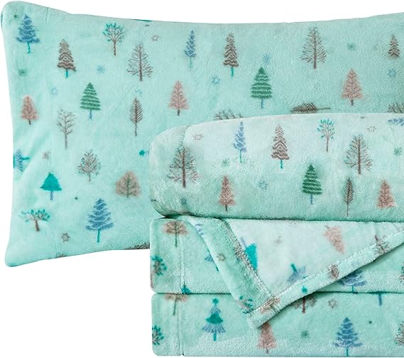 Elegant Comfort Luxuriously Soft 4-Piece Holiday Velvet Plush Flannel Sheet Set - Premium Quality - Cozy Warm, Christmas Fuzzy Velvet Flannel Fleece Deep Pocket Sheet Set - Twin, Mint Pine Trees