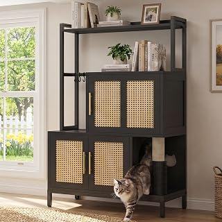 Heybly Cat Litter Box Enclosure with Cat Tree & Storage Shelf, HCLB003BK | Large Double Hidden Litter Box Furniture with Scratching Post, Hooks, Cat Litter Cabinet (30.7" x 17.7" x 56.3"), Black