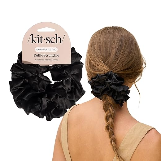 Kitsch Recycled Satin Ruffle Scrunchie – Gentle Hair Scrunchie for Women, Eco-Friendly Hair Tie No Damage, Stylish Ponytail Holder | Ideal Gifts for Women - Black