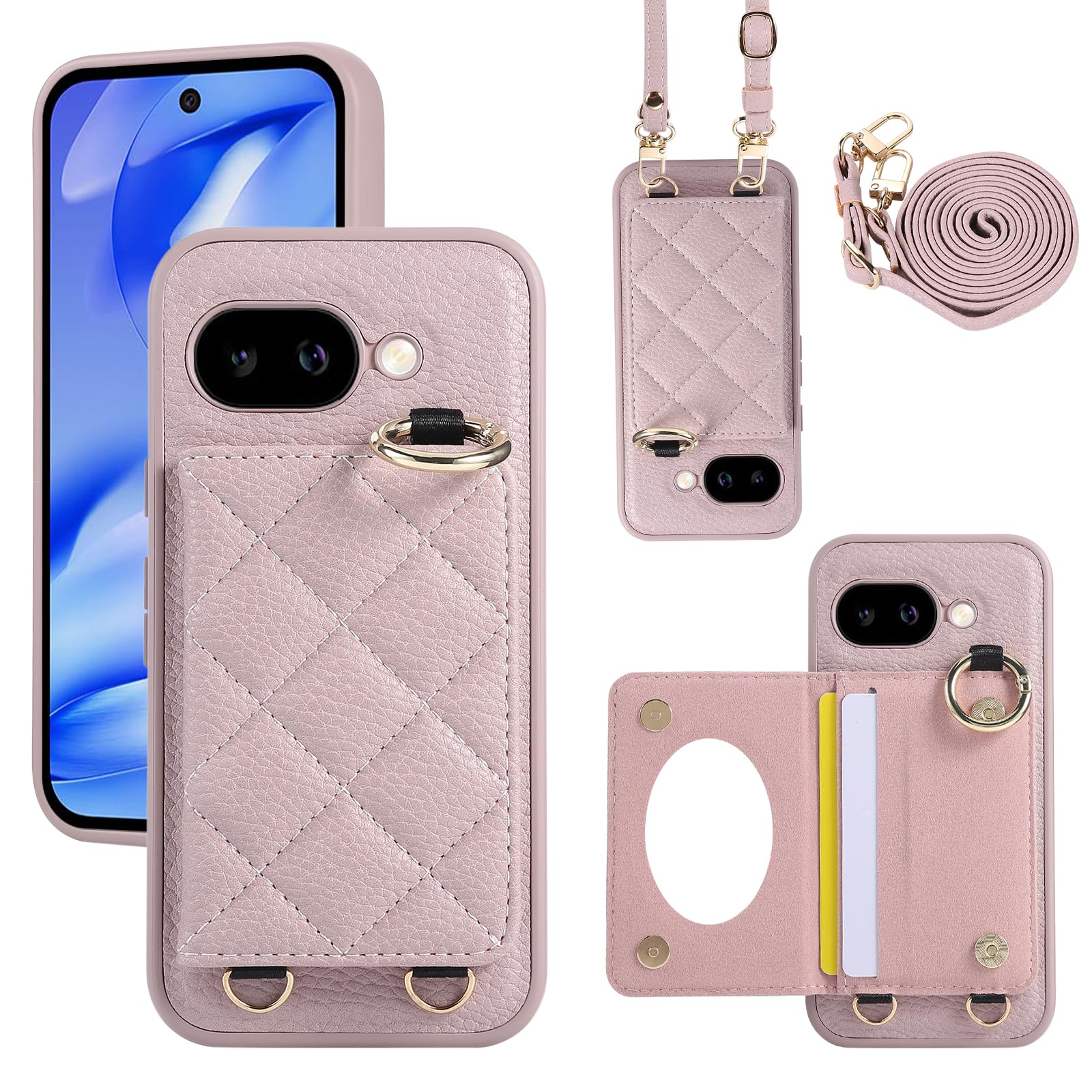 Succtopy ケース 手帳型 Google Pixel 9a適用の ショルダー カバー 用のピクセル9a ケース手帳型 鏡付き 肩がけ 首掛け 斜め掛け ストラップ着脱可 財布付き リング付き 用のgoogleピクセル9aカバー 可愛いチェック柄 スマホケース お洒落 マグネット内臓式 カード収納(ライラック)