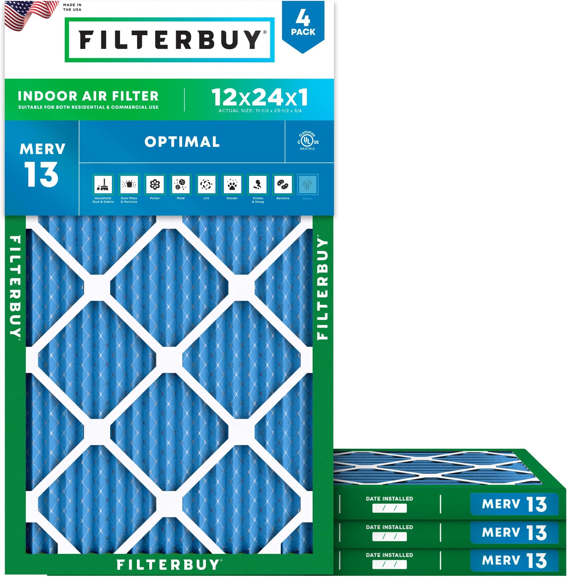 12x24x1 Air Filter MERV 13 Optimal Smoke & Allergy Defense (4-Pack), Electrostatic Pleated HVAC AC Furnace Filters Replacement (Actual Size: 11.50 x 23.50 x 0.75)
