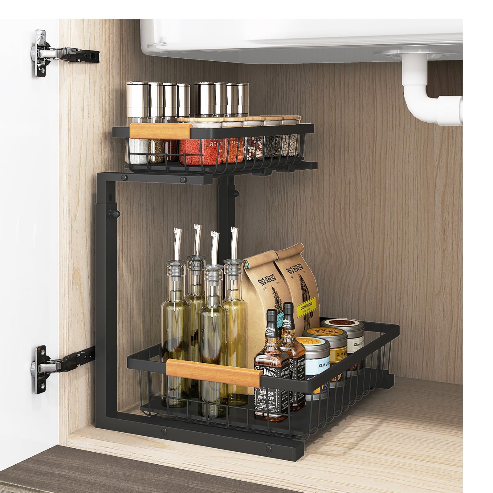 2 Tier Metal Under Sink Storage 1 PCS Kitchen Multi-Purpose Under Sink Cabinet Organiser Bottom Sliding Drawer with Hooks for Bathroom Kitchen