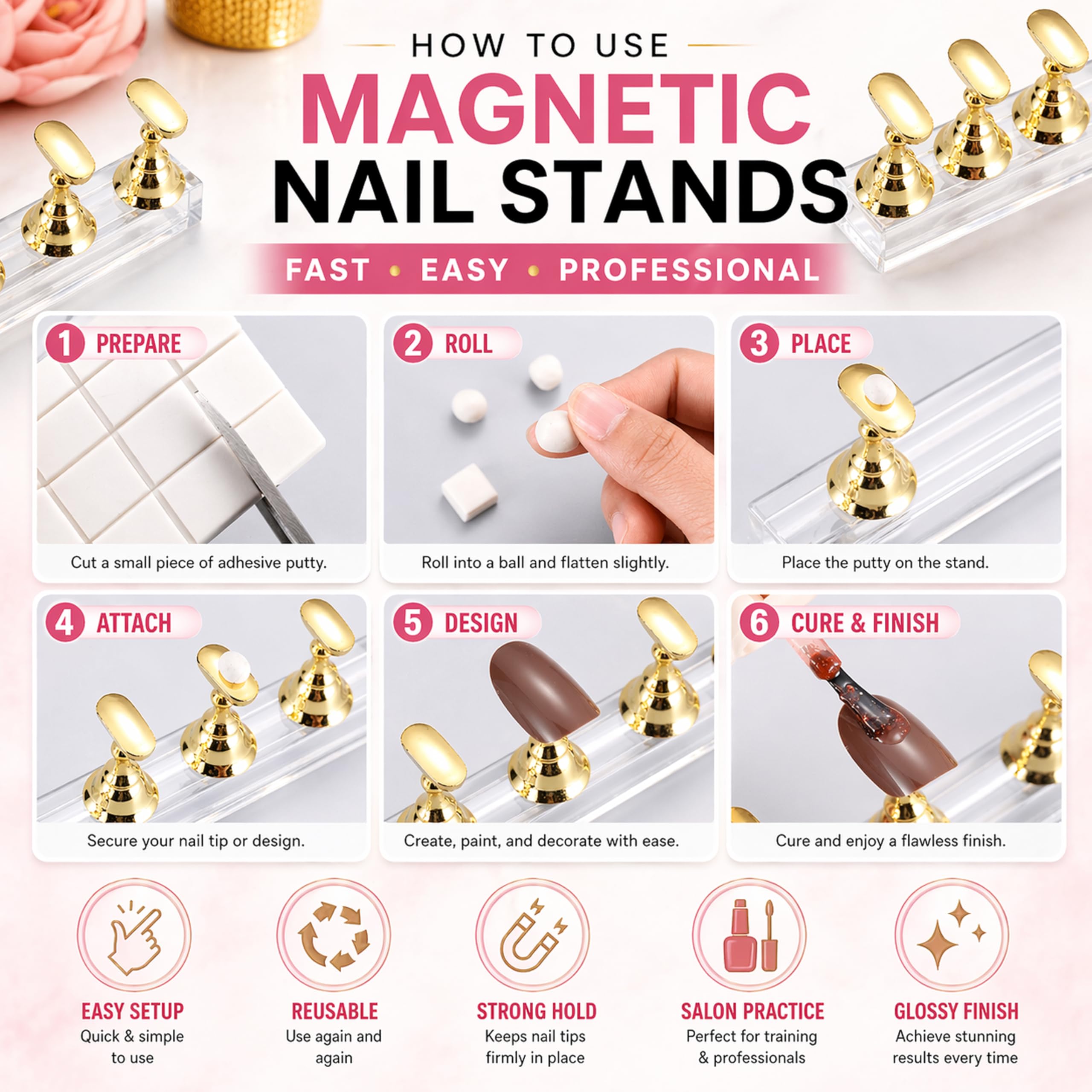 2 Set Acrylic Nail Practice Stand Magnetic Nail Tip Art Display Stand Holder Manicure Tool with Reusable Adhesive Putty Clay for Home Salon Makeup 1