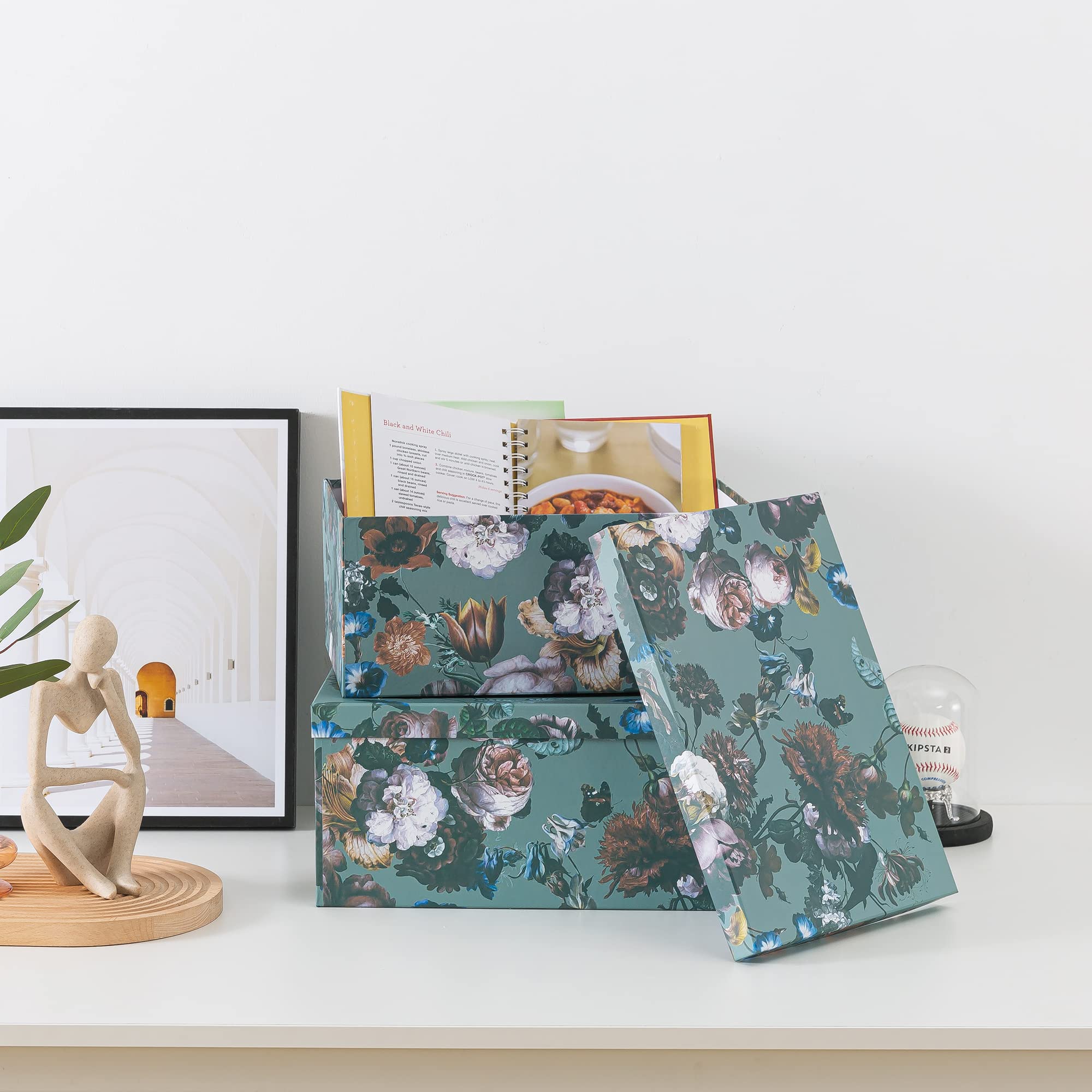 Cajas de cartón decorativas con tapas | Elegance in Bloom - Juego de 3 | Cajas de cartón anidable floral Moody 6