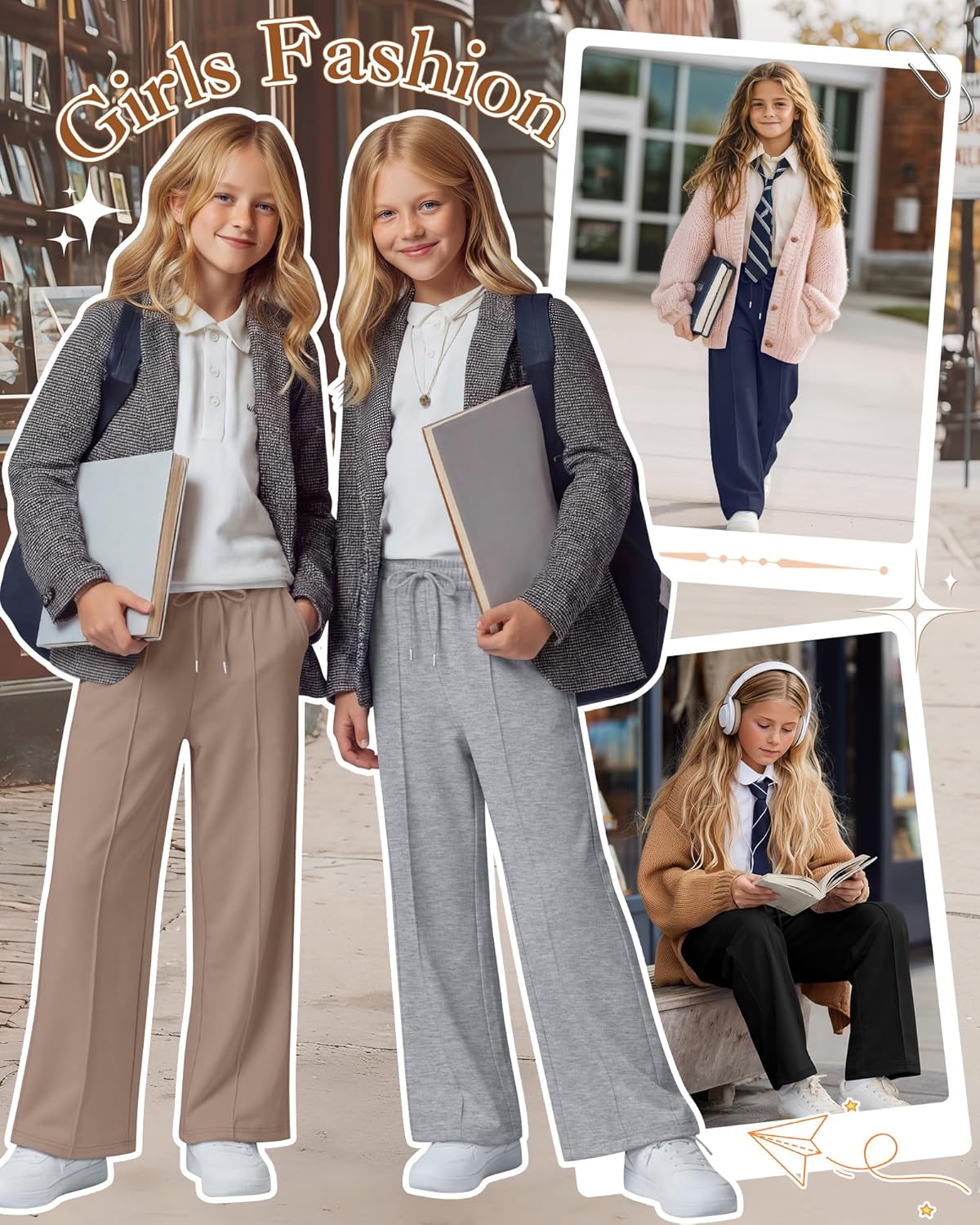 4 Pack Girls Sweatpants Teen Girls Baggy Wide Leg Pants Drawstring Joggers Athletic Trousers with Pockets 5-14Y - Image 3