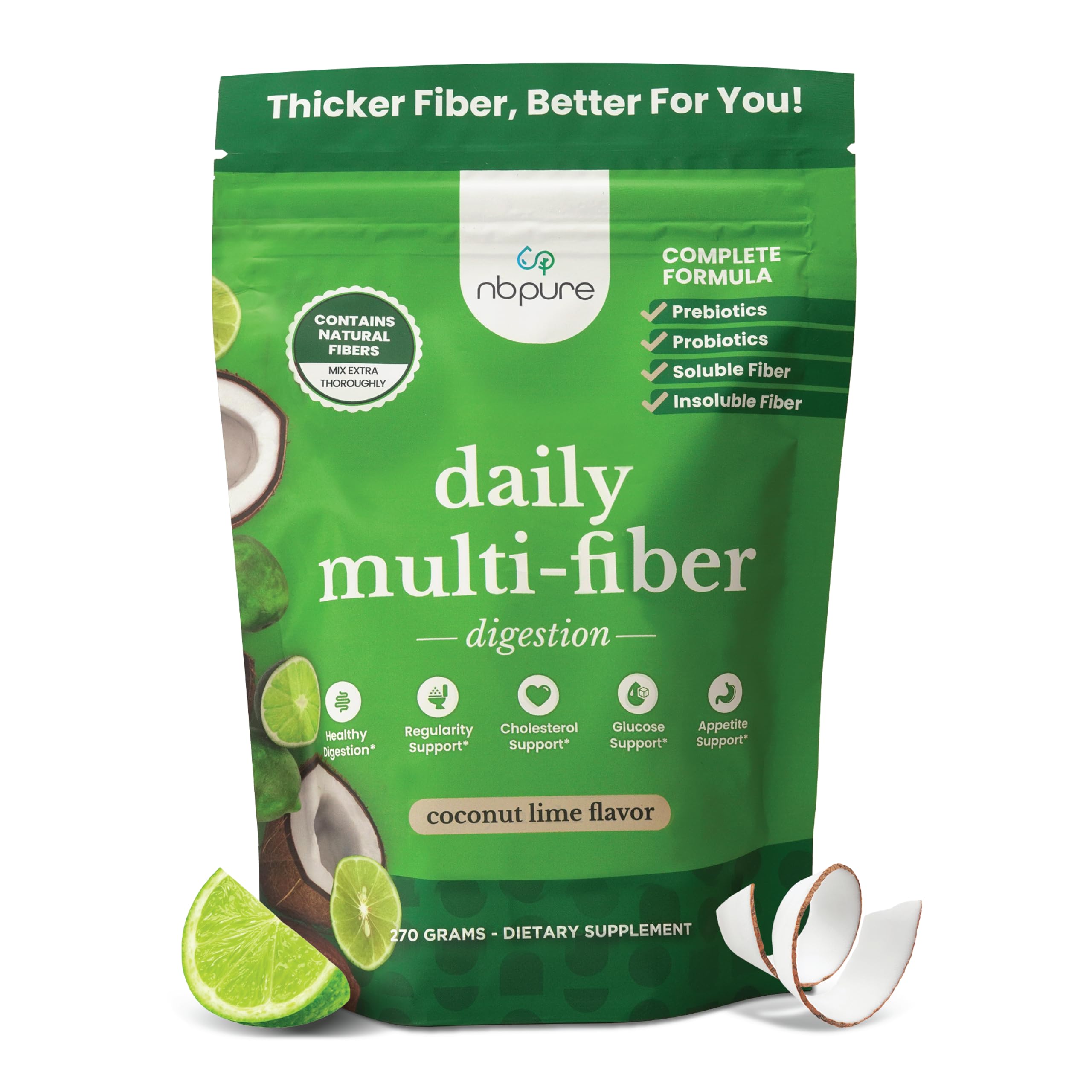nbpure Daily Fiber Powder Blend for Digestive Health, Cholesterol Support, Healthy Weight Management - with Prebiotic, Insoluble, Soluble Fiber + 4 Probiotic Strains, Coconut Lime, Gusset, 45 Servings
